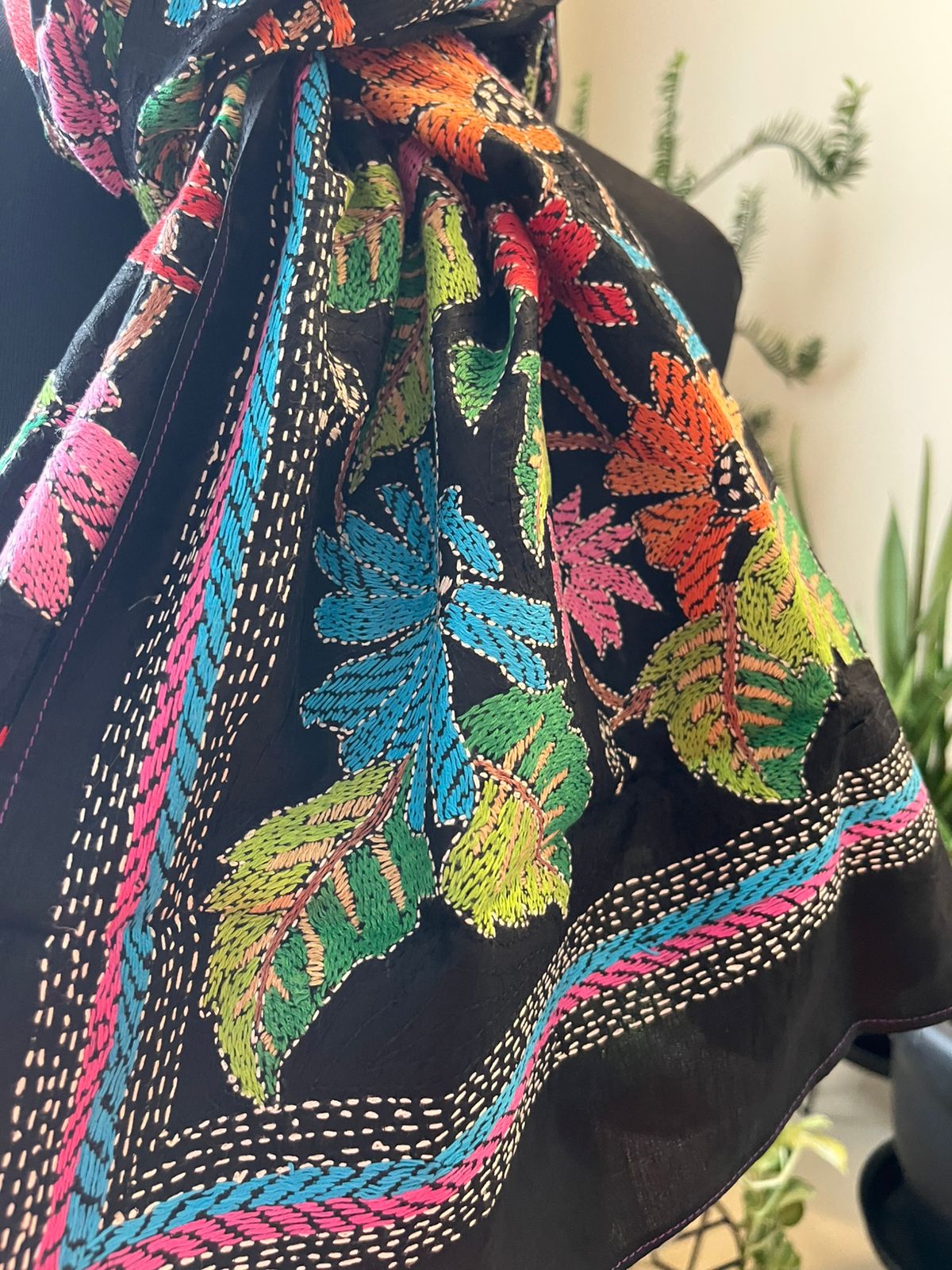 Pure Silk Kantha Hand Embroidered Stole - Floral Black