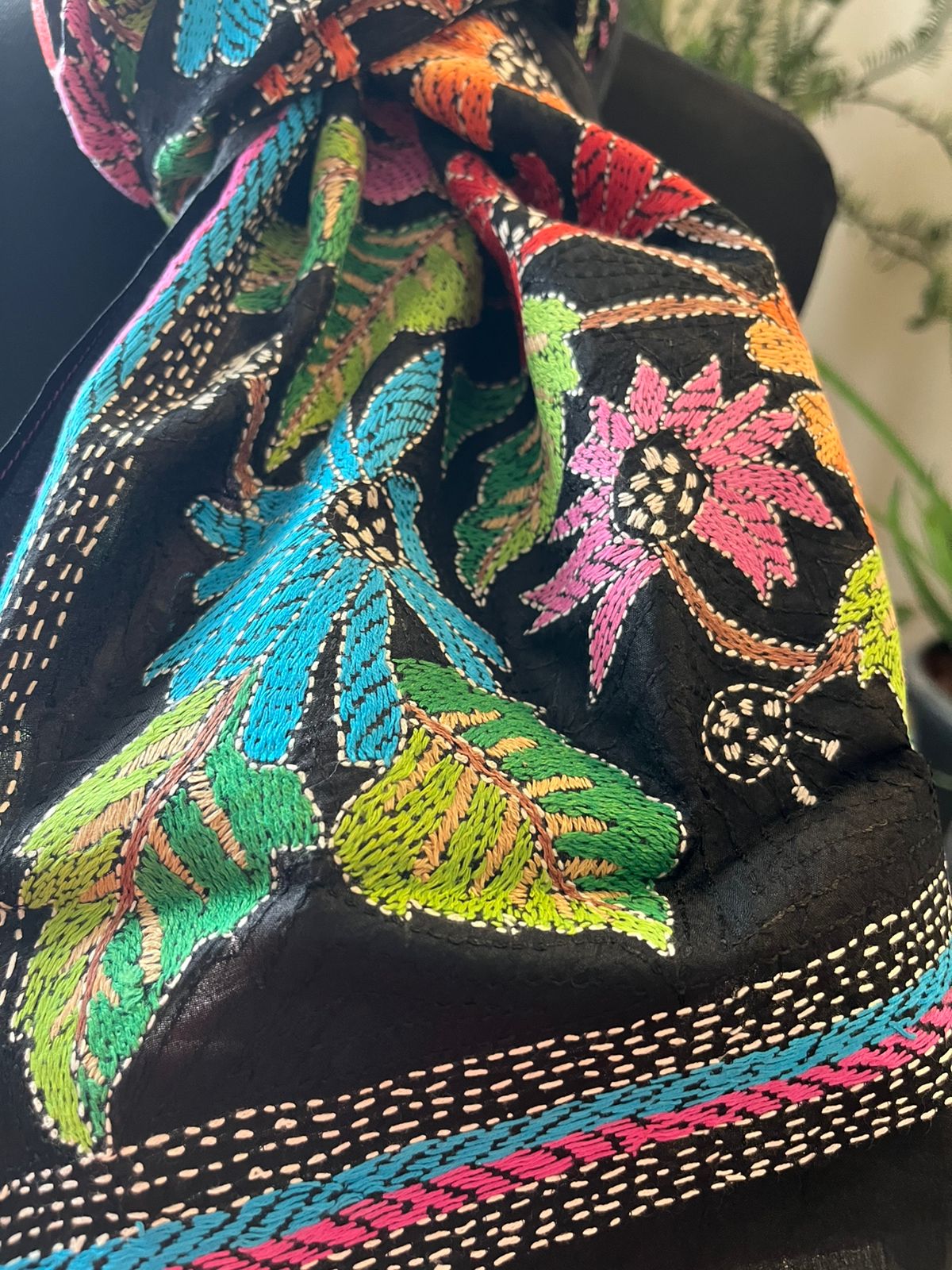 Pure Silk Kantha Hand Embroidered Stole - Floral Black