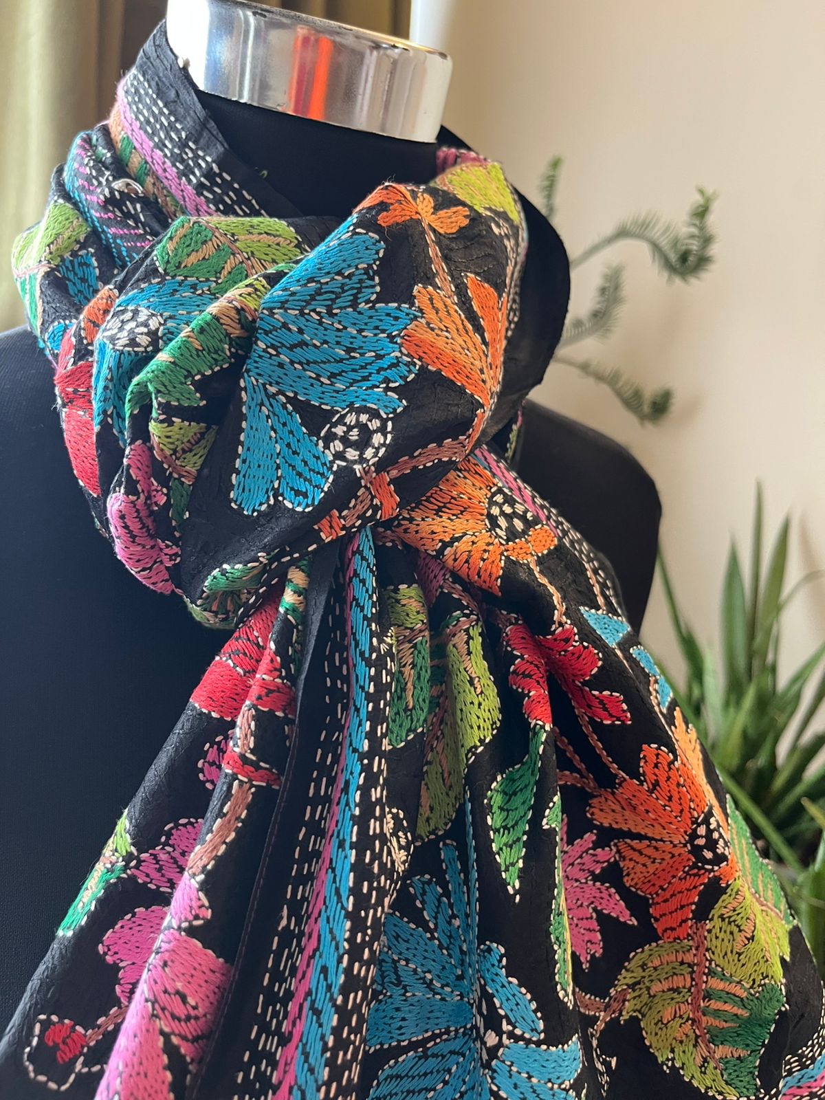 Pure Silk Kantha Hand Embroidered Stole - Floral Black