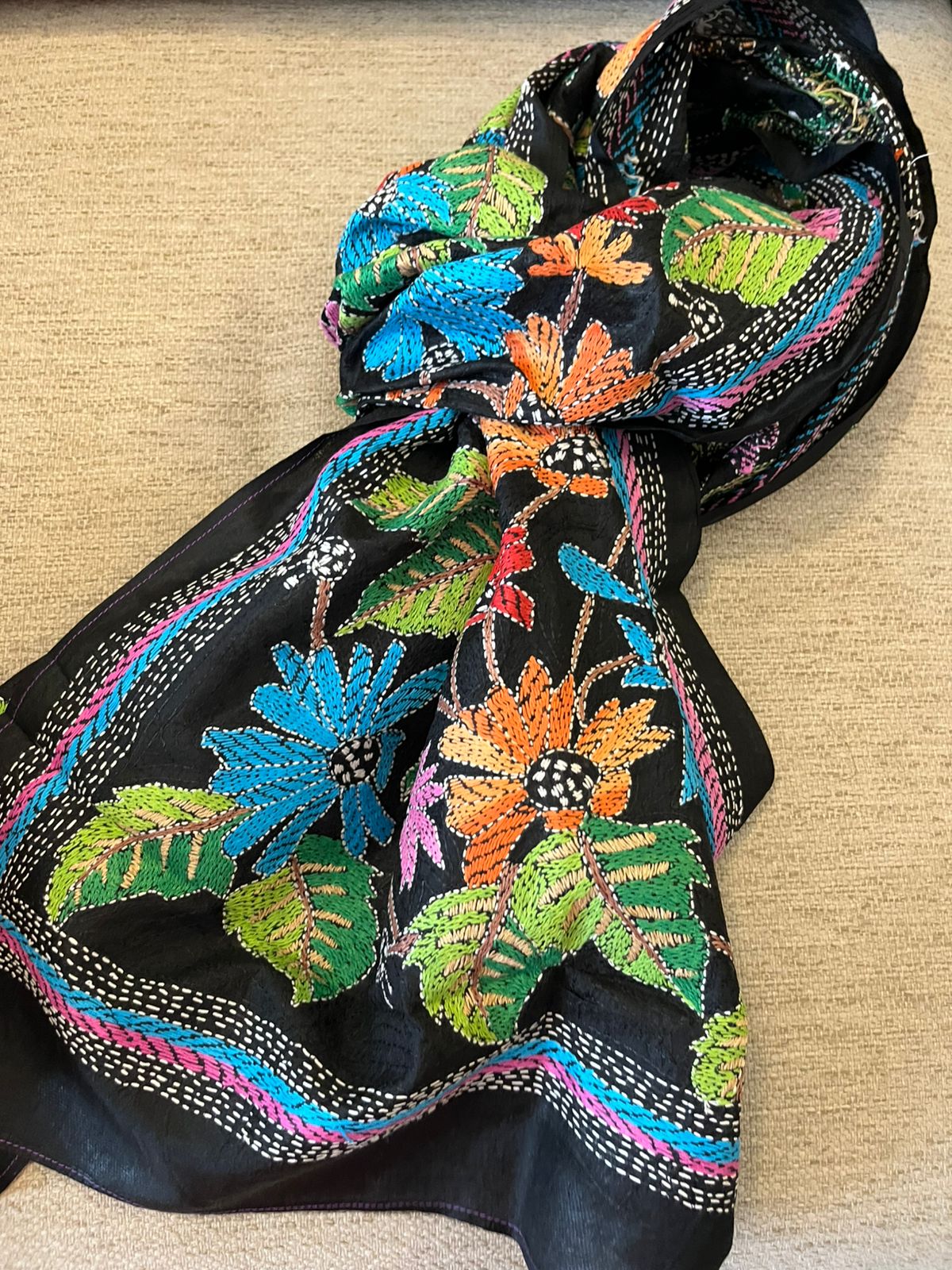Pure Silk Kantha Hand Embroidered Stole - Floral Black