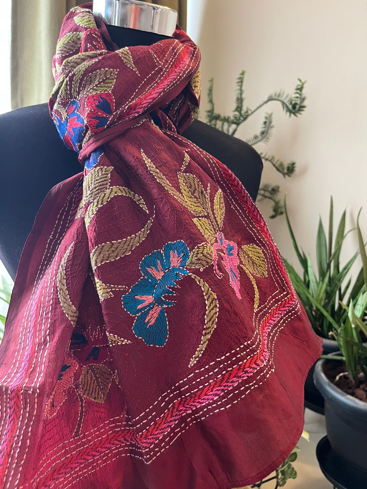 Pure Silk Kantha Hand Embroidered Stole - Floral Maroon
