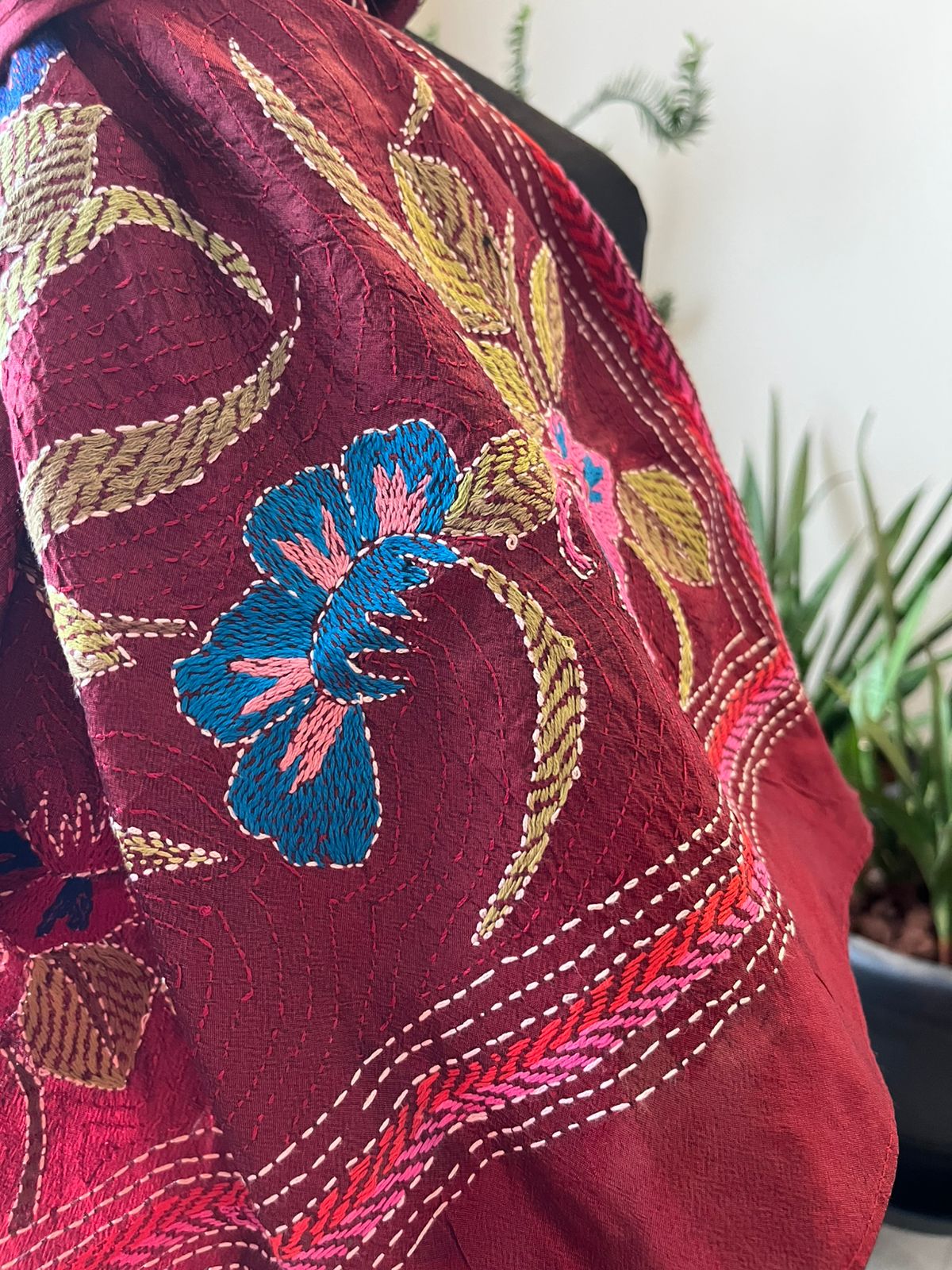 Pure Silk Kantha Hand Embroidered Stole - Floral Maroon