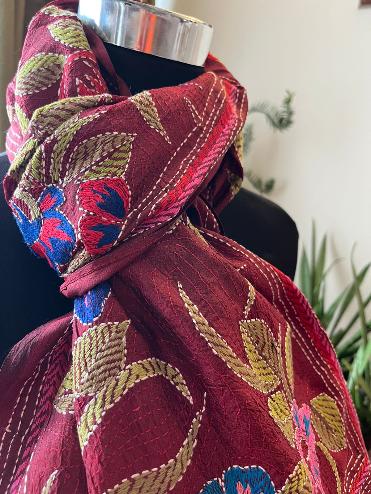 Pure Silk Kantha Hand Embroidered Stole - Floral Maroon