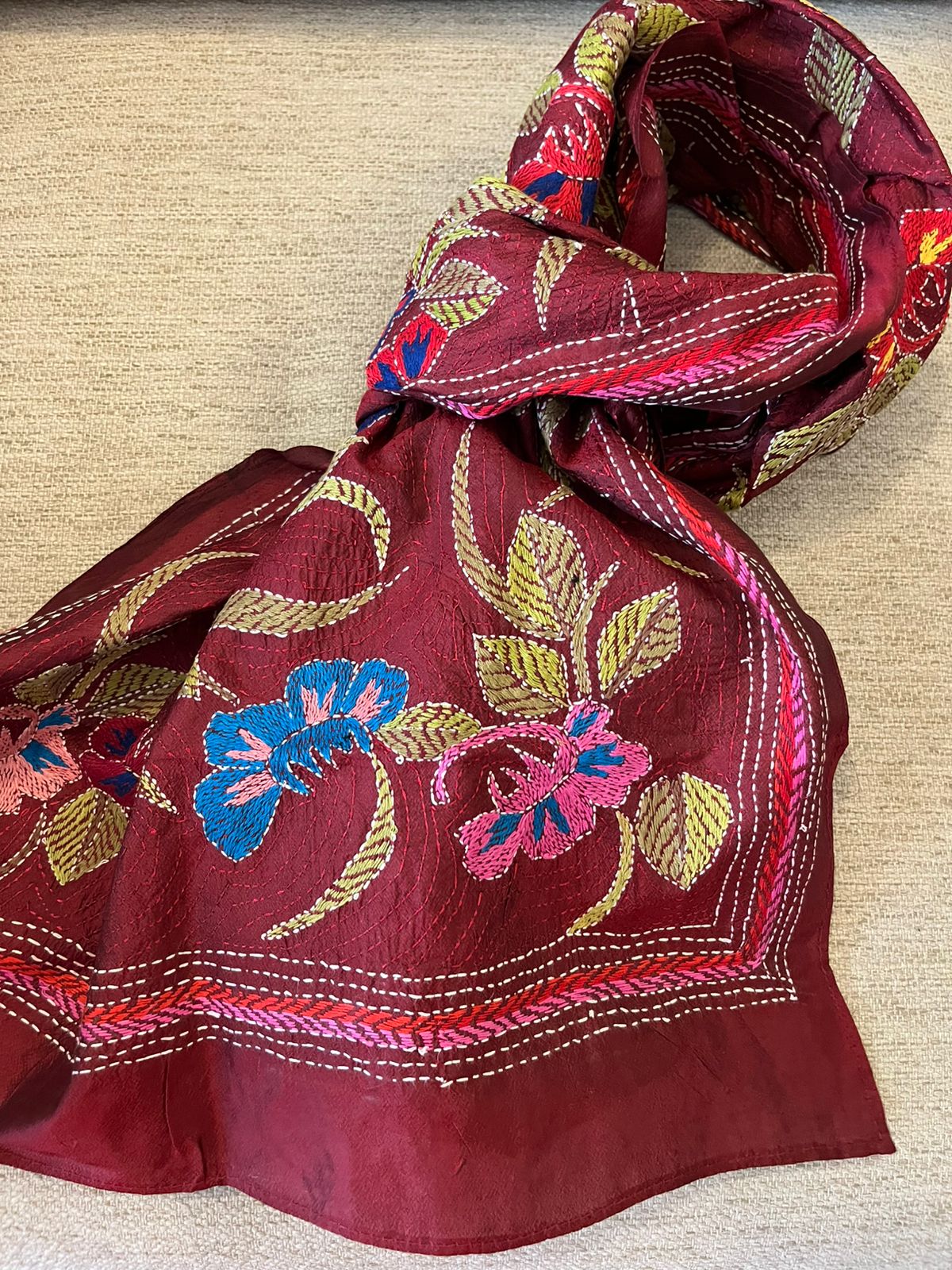 Pure Silk Kantha Hand Embroidered Stole - Floral Maroon