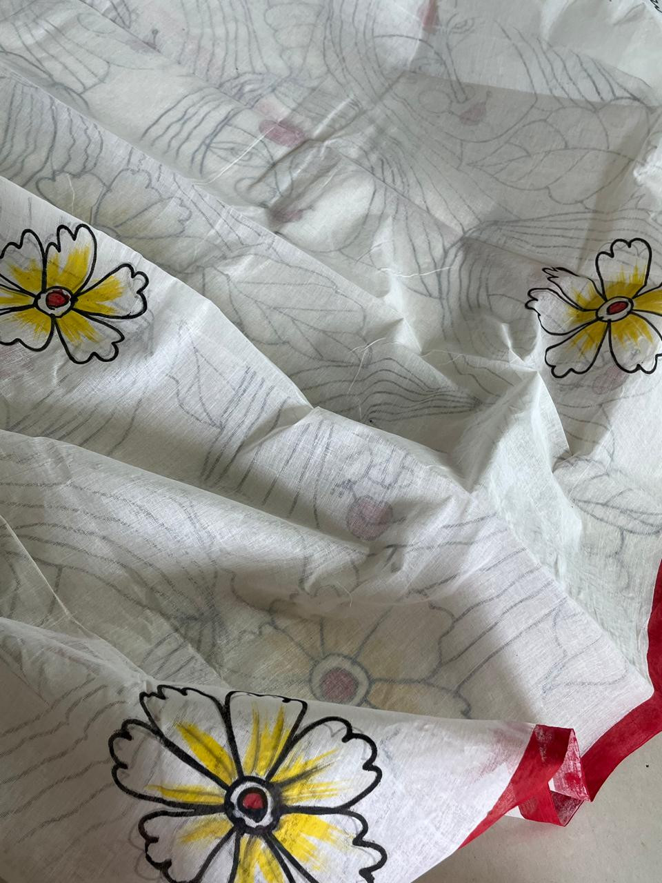 Pure Cotton Handwoven Saree with Handpaint - Durga Pooja Special