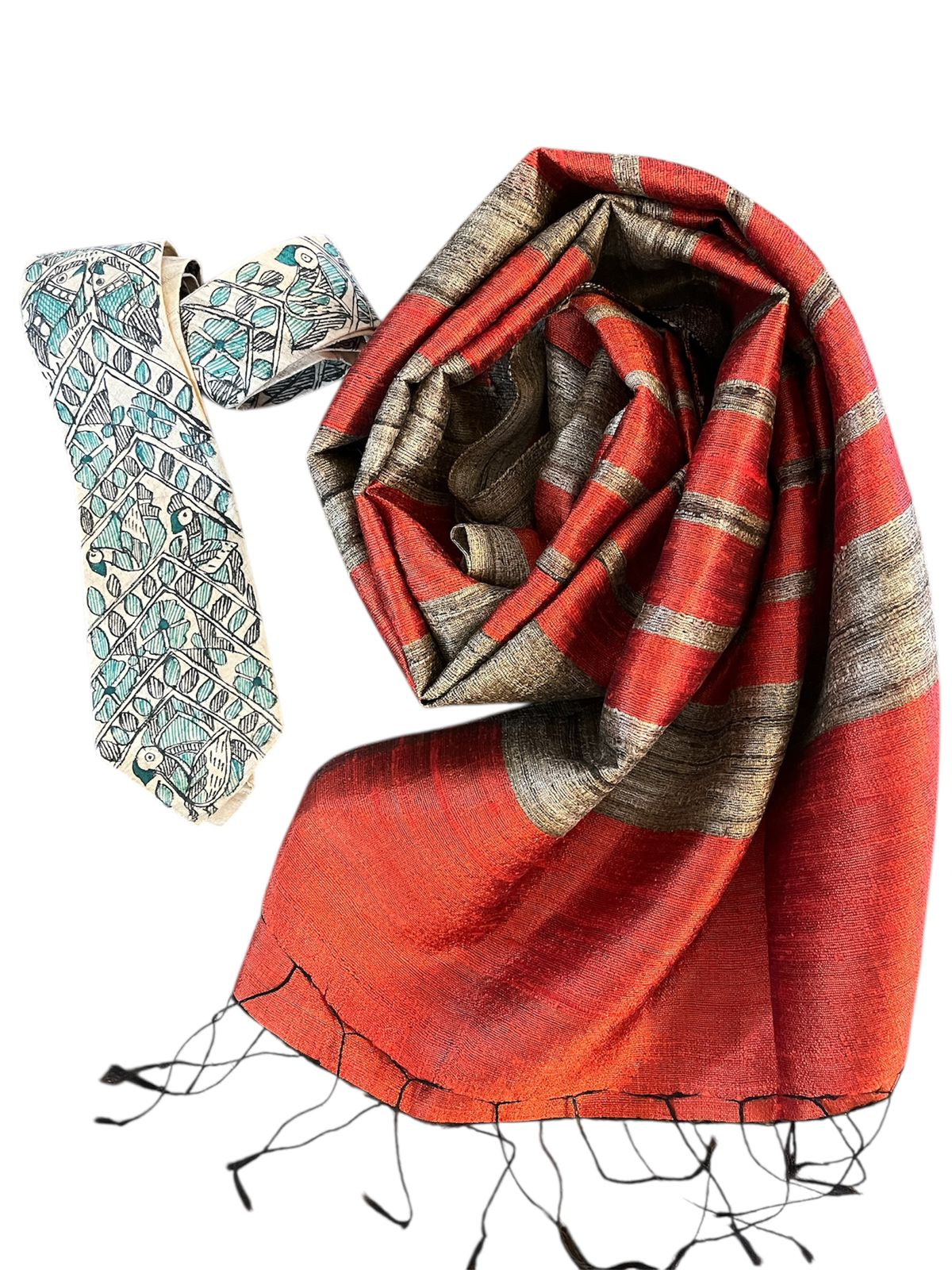Elegant Duo Combo - Madhubani Handpainted Silk Tie  Silk Handwoven Stole - Rust