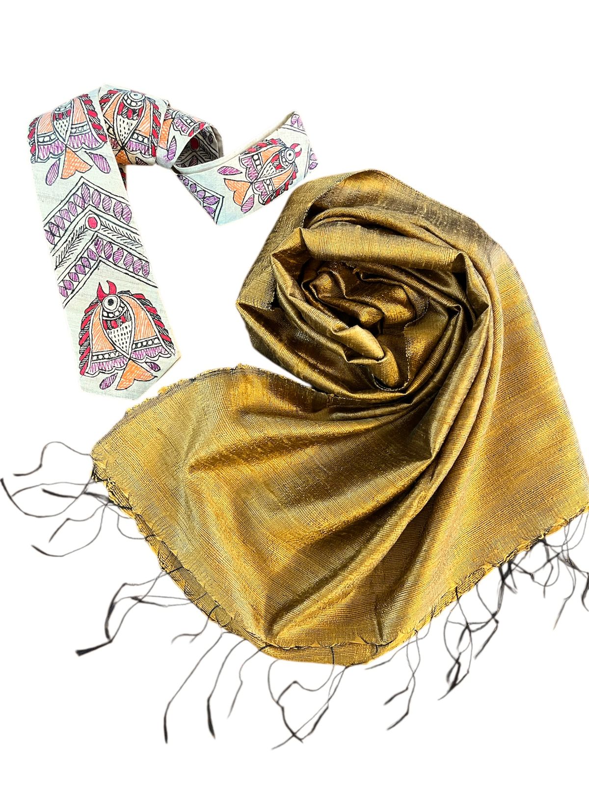 Elegant Duo Combo - Madhubani Handpainted Silk Tie  Silk Handwoven Stole - Gold