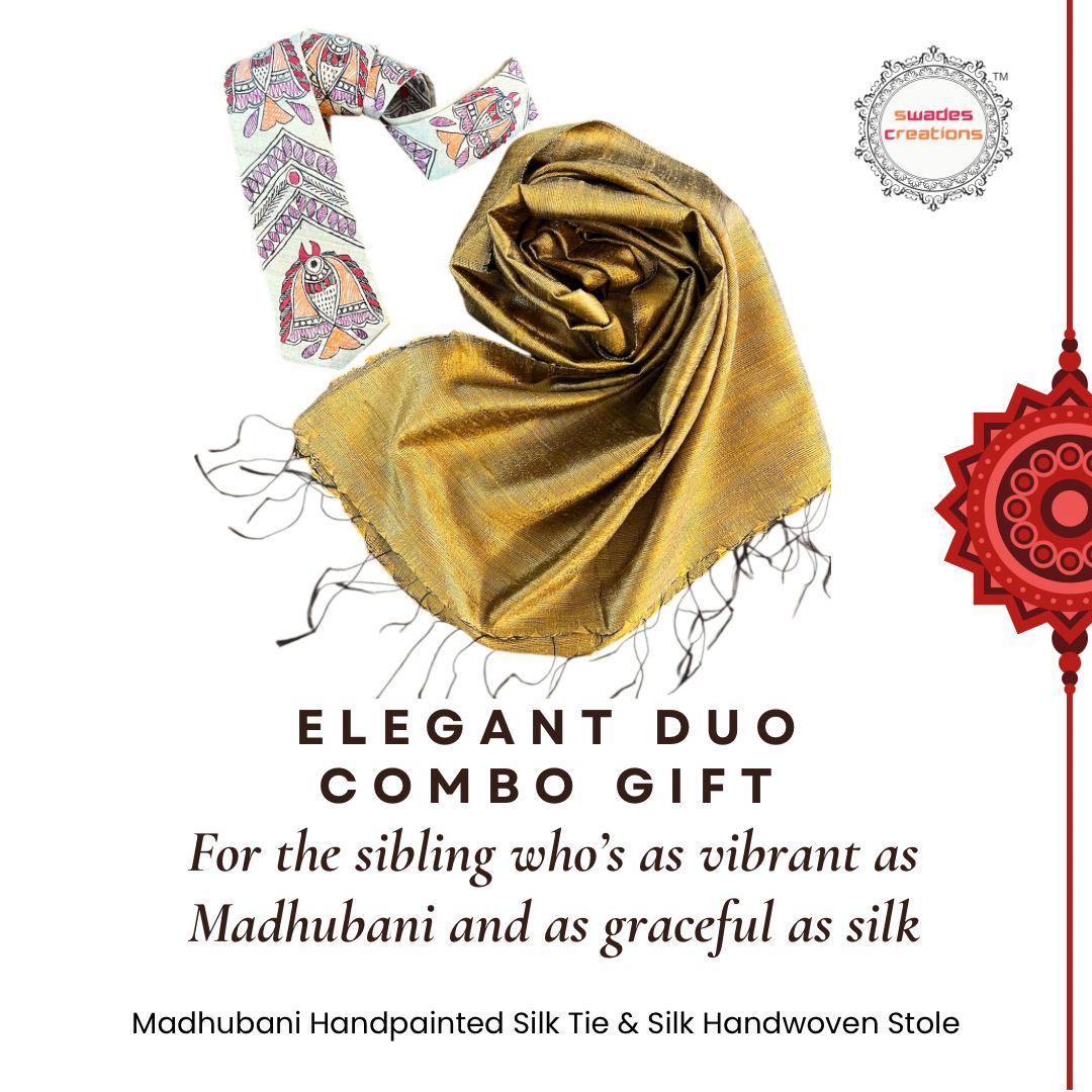 Elegant Duo Combo - Madhubani Handpainted Silk Tie  Silk Handwoven Stole - Gold