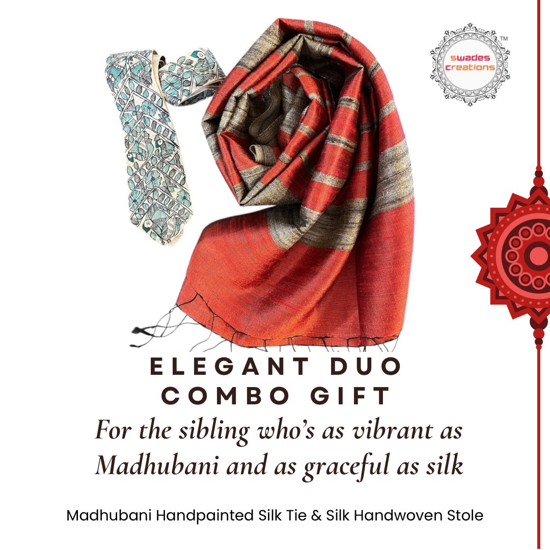 Elegant Duo Combo - Madhubani Handpainted Silk Tie  Silk Handwoven Stole - Rust
