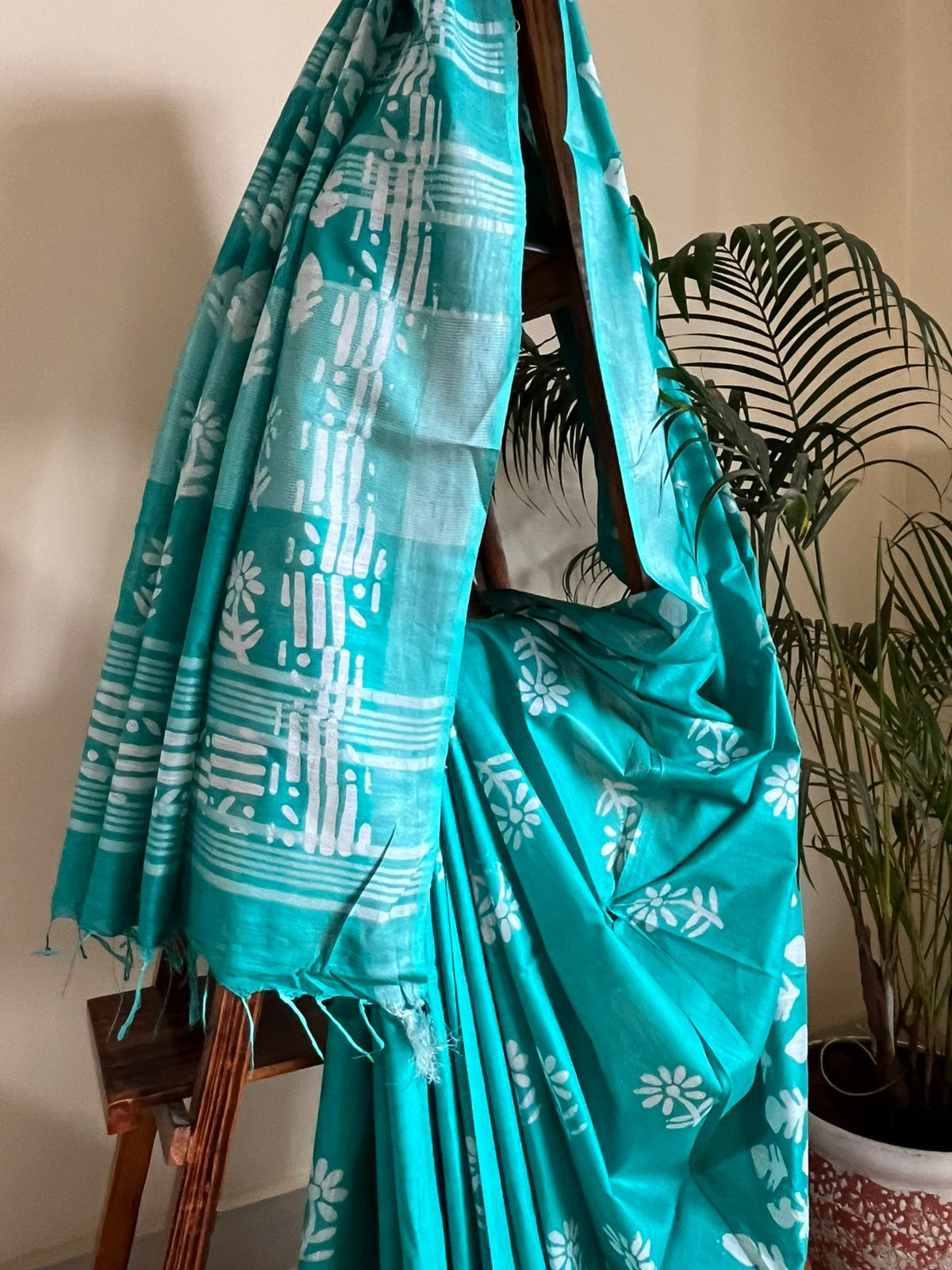 Pure Cotton Wax Batik Saree with zari border - Teal