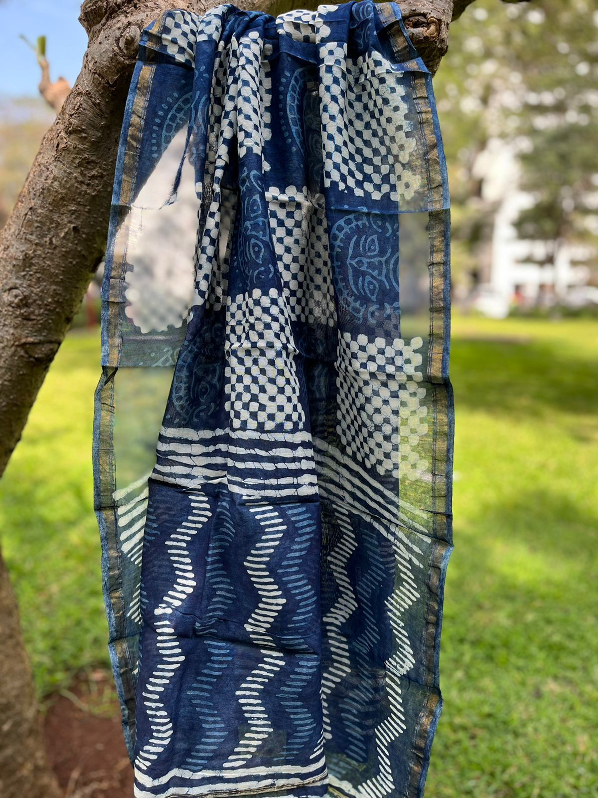 Chanderi Dupatta with Dabu Handblock print done in Indigo dye