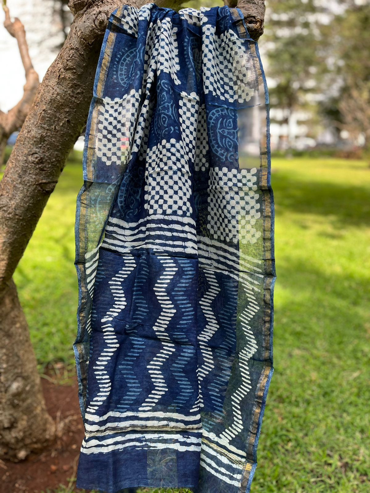 Chanderi Dupatta with Dabu Handblock print done in Indigo dye