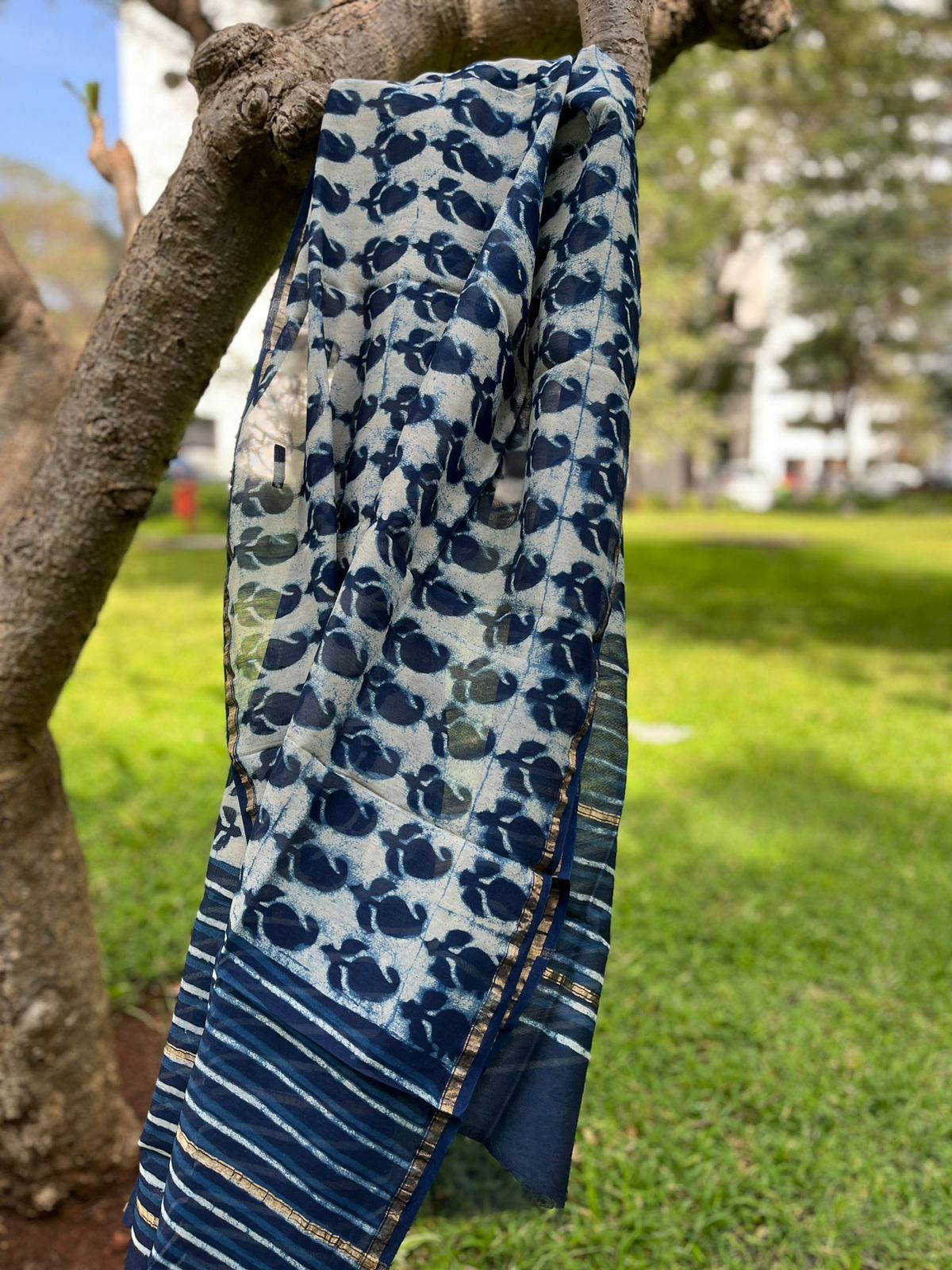 Chanderi Dupatta with Dabu Handblock print done in Indigo dye