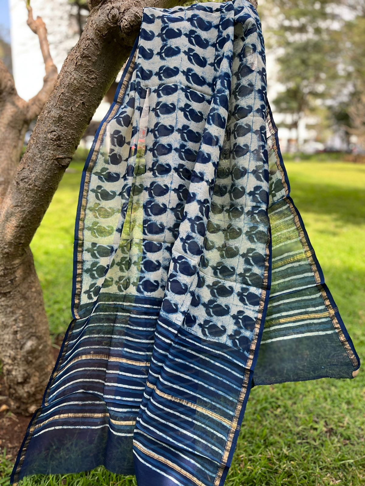 Chanderi Dupatta with Dabu Handblock print done in Indigo dye