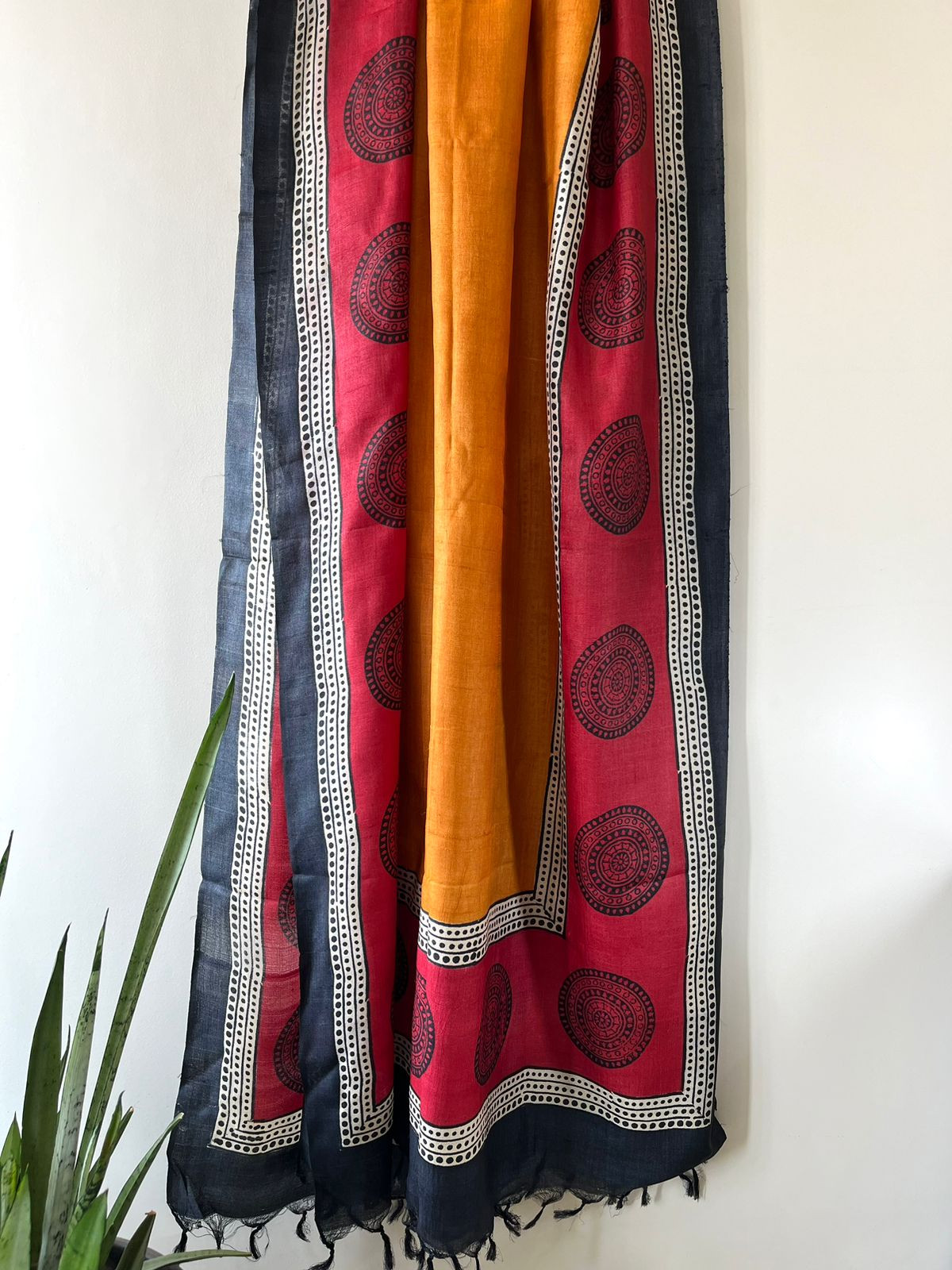 Pure Silk Tussar printed dupatta - Red with Mustard
