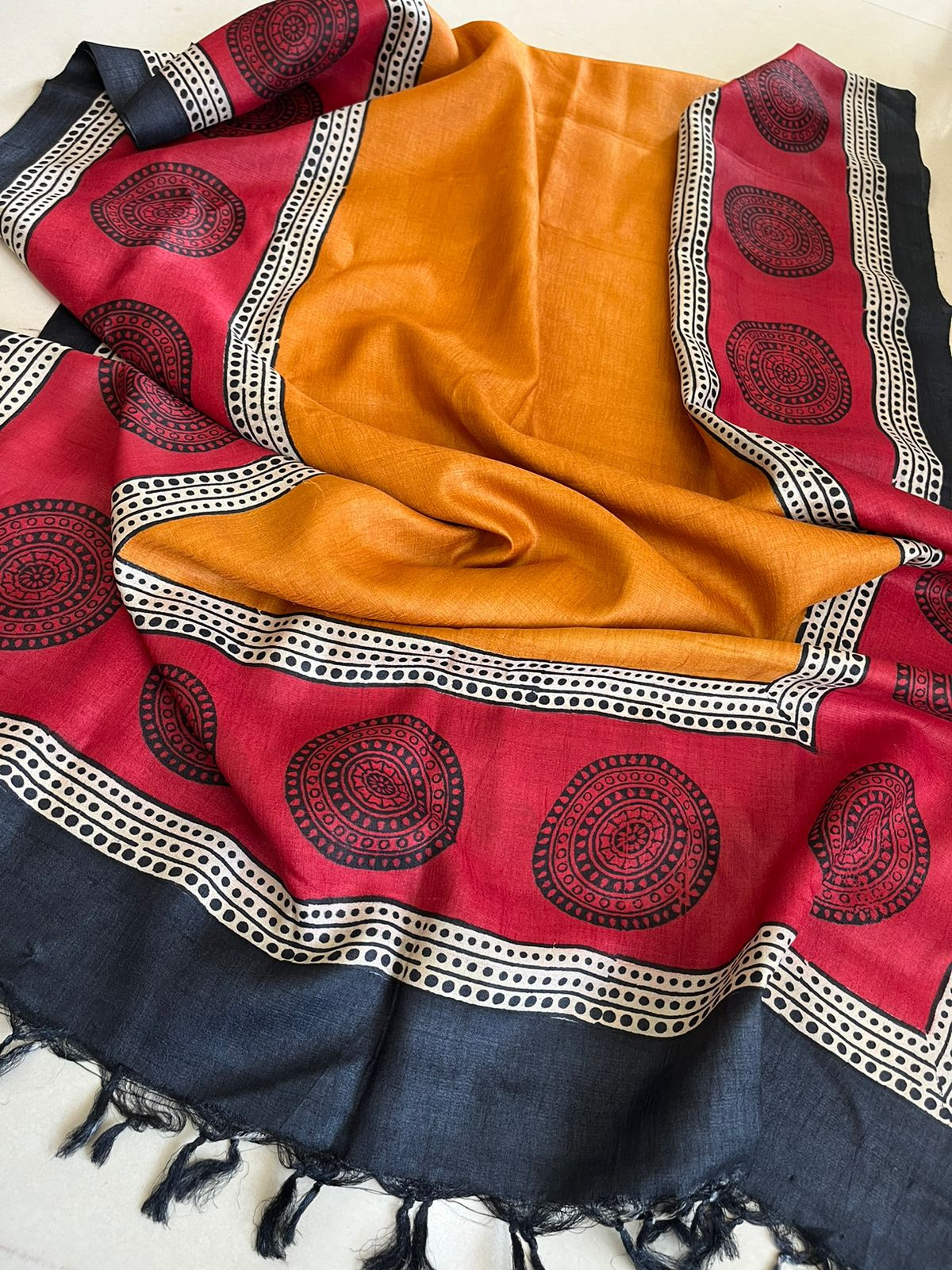 Pure Silk Tussar printed dupatta - Red with Mustard