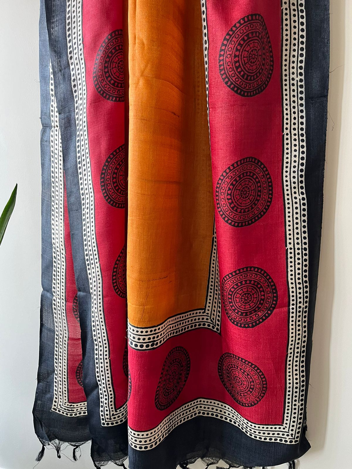 Pure Silk Tussar printed dupatta - Red with Mustard