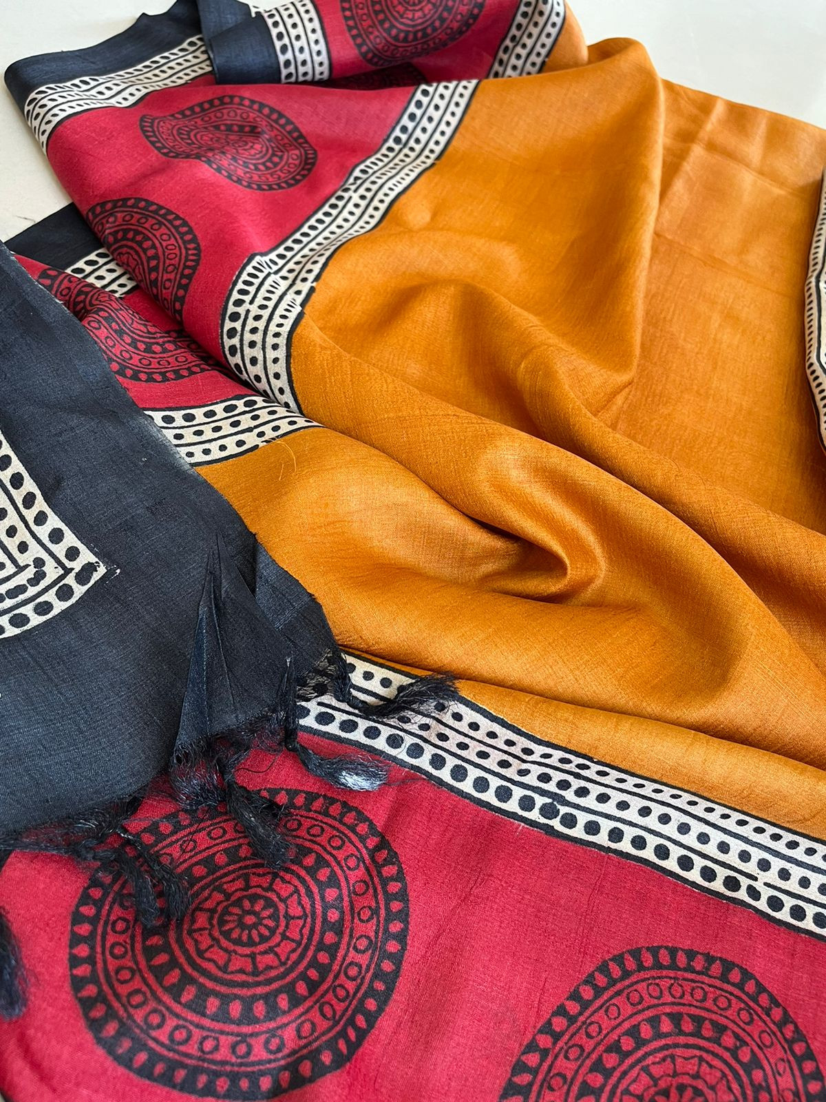 Pure Silk Tussar printed dupatta - Red with Mustard