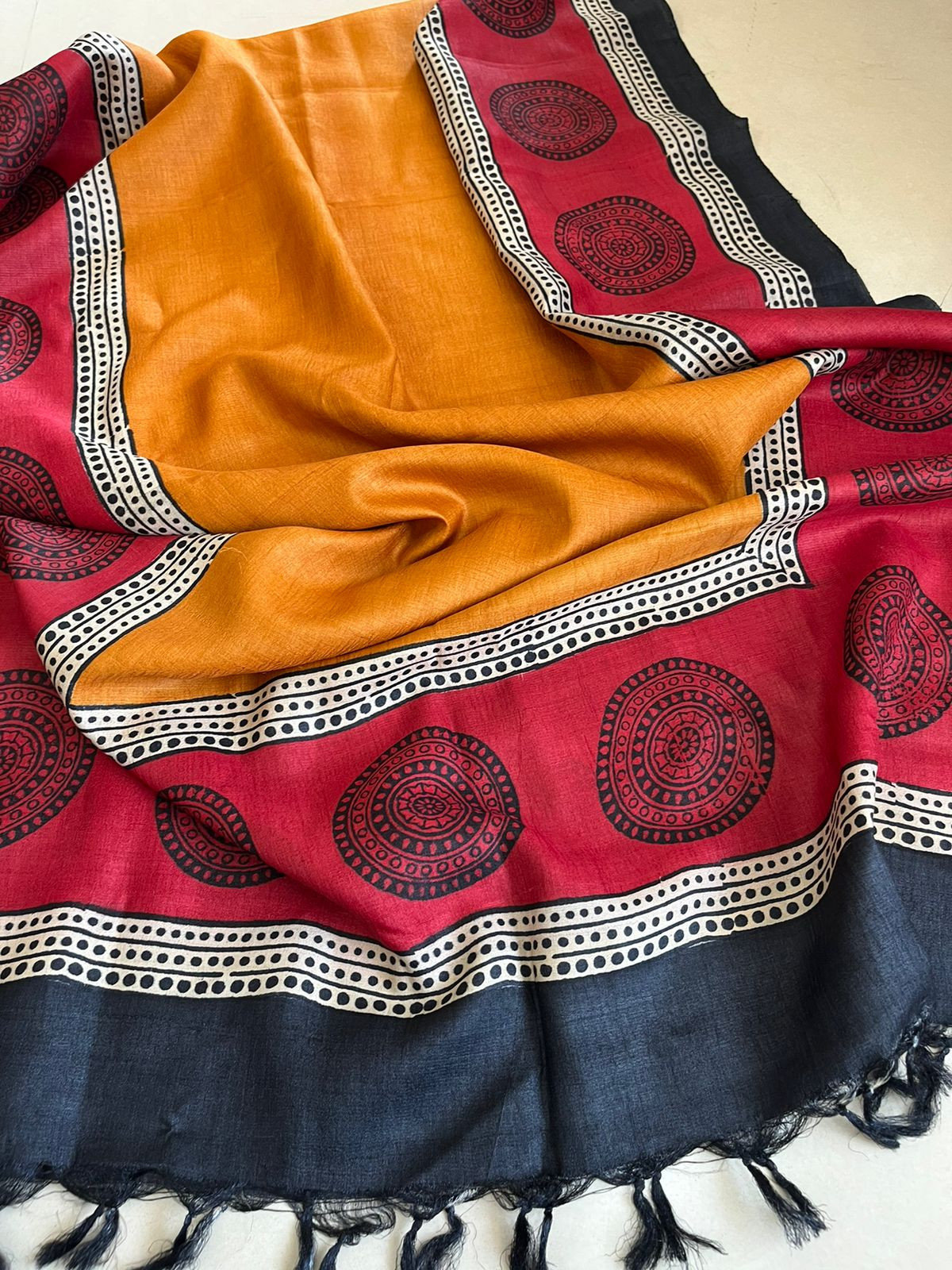 Pure Silk Tussar printed dupatta - Red with Mustard