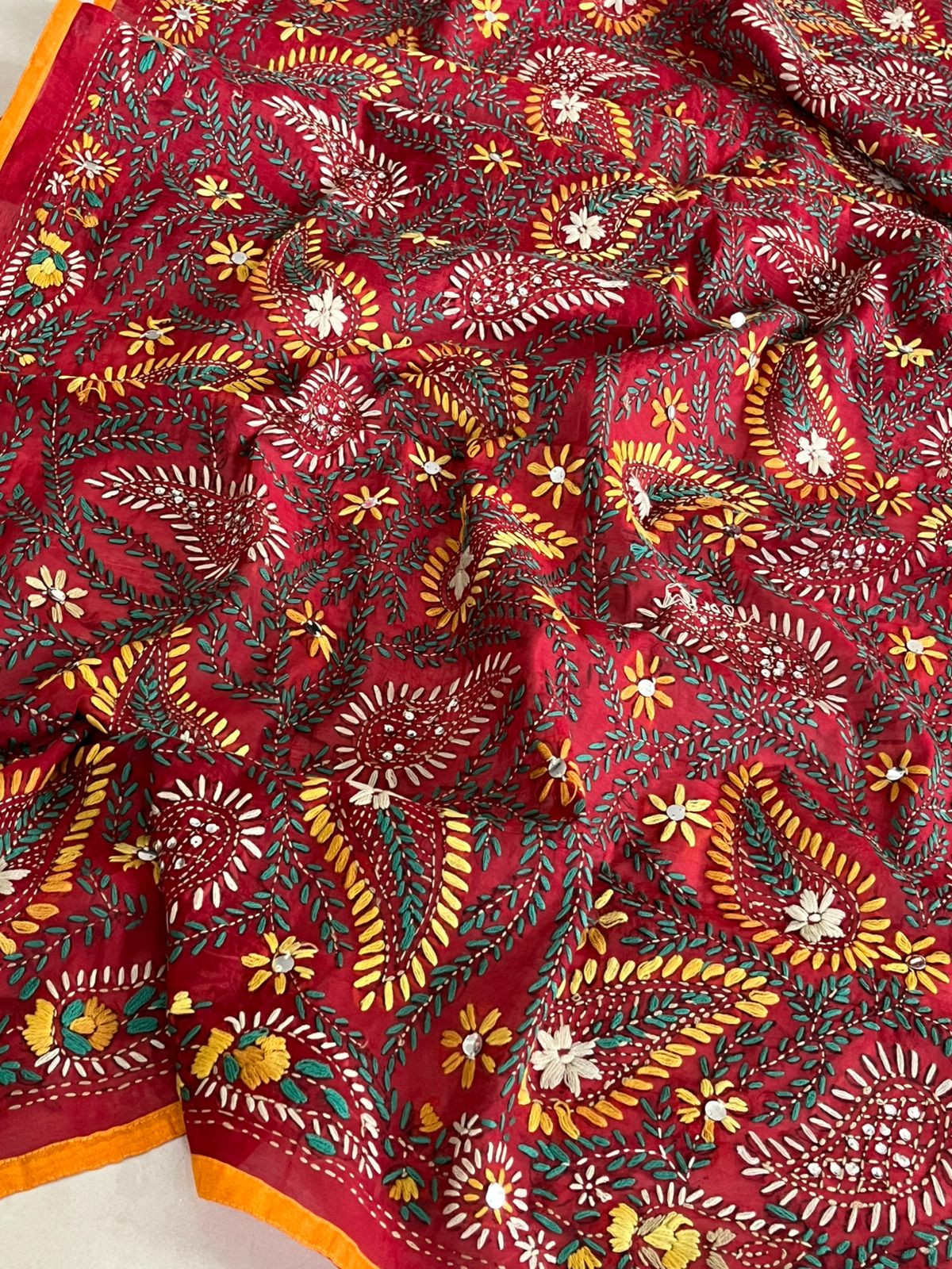 Vibrant Handmade Phulkari Embroidery Dupatta - Red
