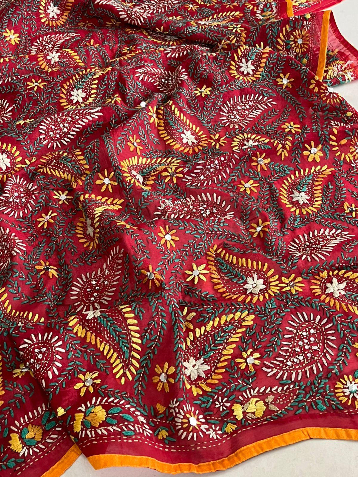 Vibrant Handmade Phulkari Embroidery Dupatta - Red