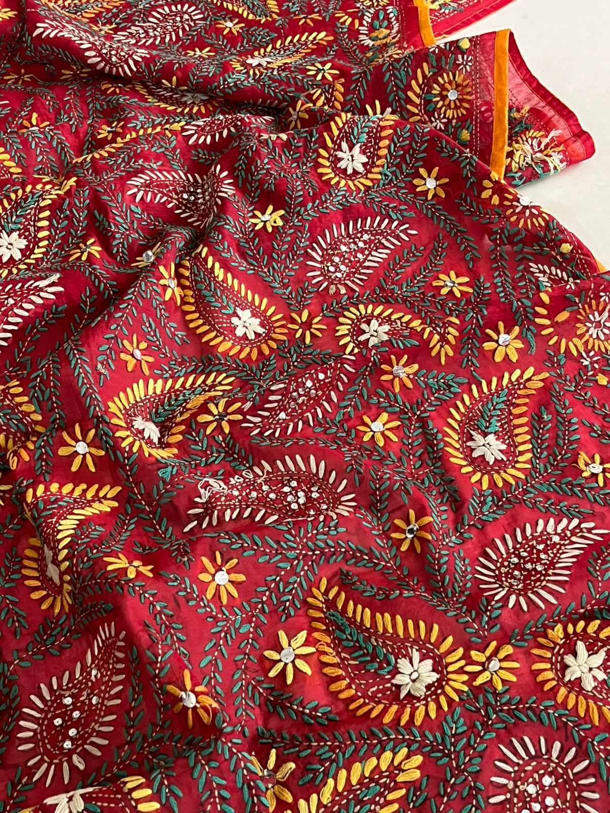Vibrant Handmade Phulkari Embroidery Dupatta - Red