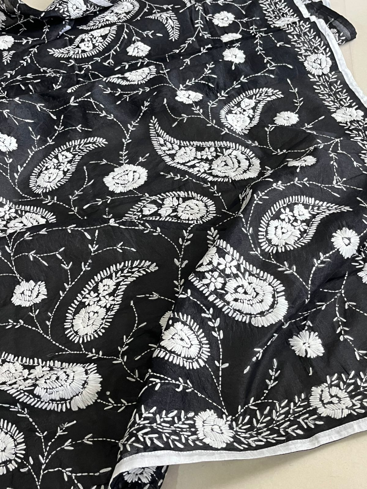 Vibrant Handmade Phulkari Embroidery Dupatta - Black and White Mirage
