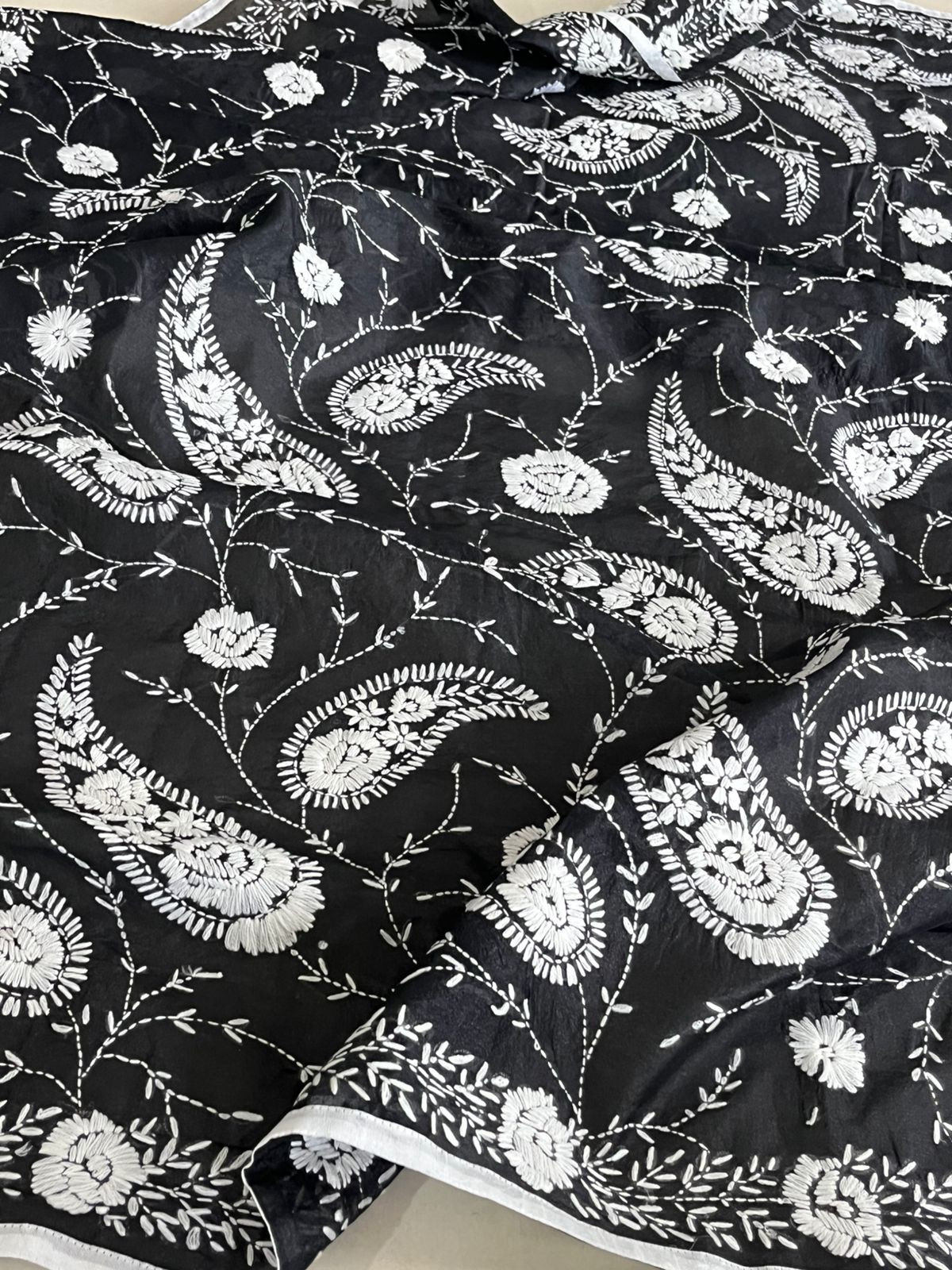 Vibrant Handmade Phulkari Embroidery Dupatta - Black and White Mirage
