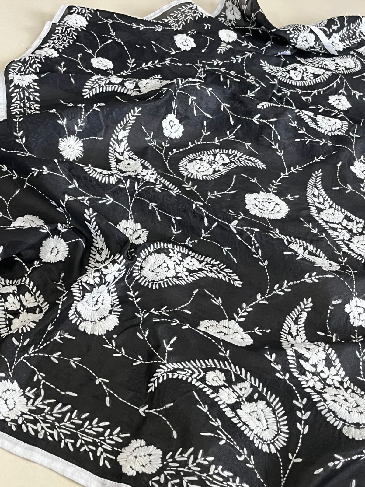 Vibrant Handmade Phulkari Embroidery Dupatta - Black and White Mirage