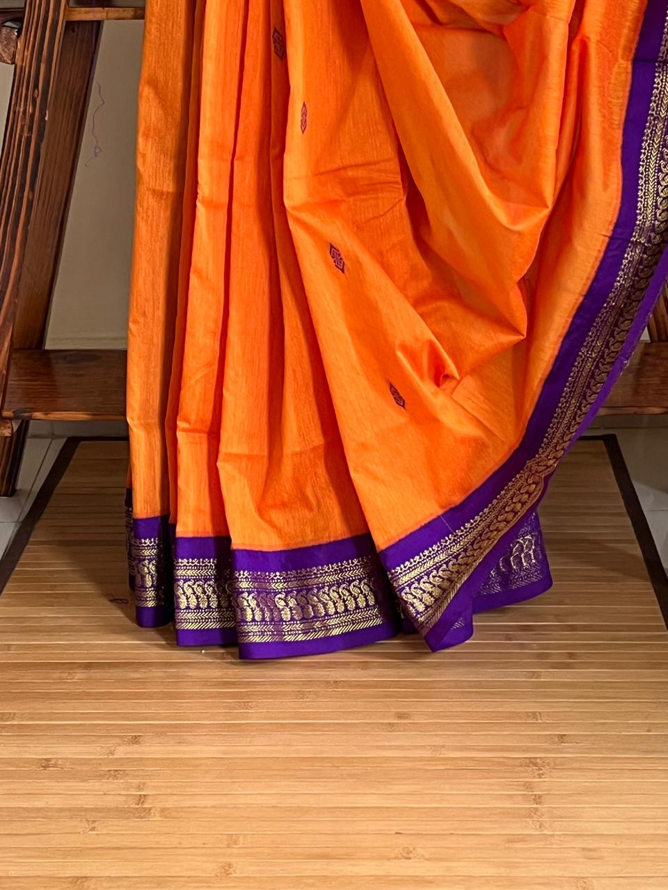 Vibrant Handwoven Cotton Silk Saree - Sunset Orange with Purple