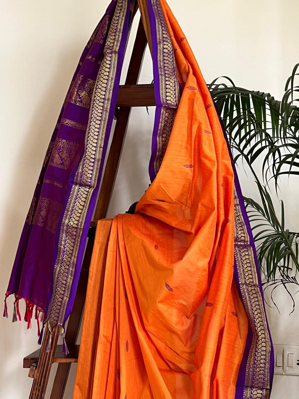 Vibrant Handwoven Cotton Silk Saree - Sunset Orange with Purple