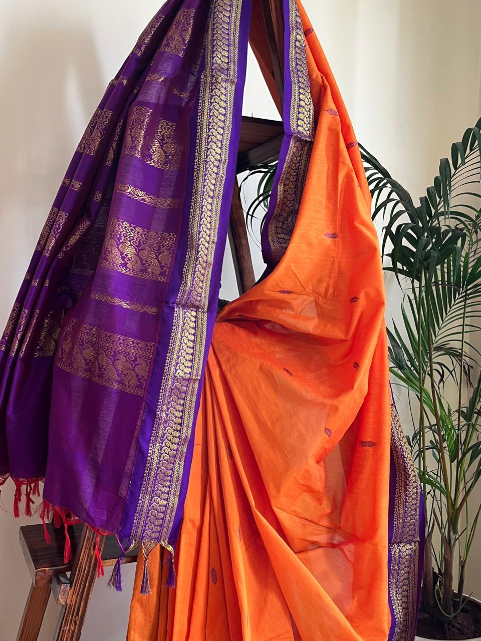Vibrant Handwoven Cotton Silk Saree - Sunset Orange with Purple