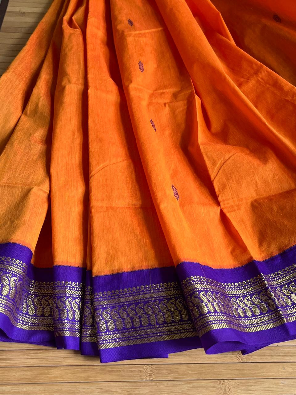 Vibrant Handwoven Cotton Silk Saree - Sunset Orange with Purple