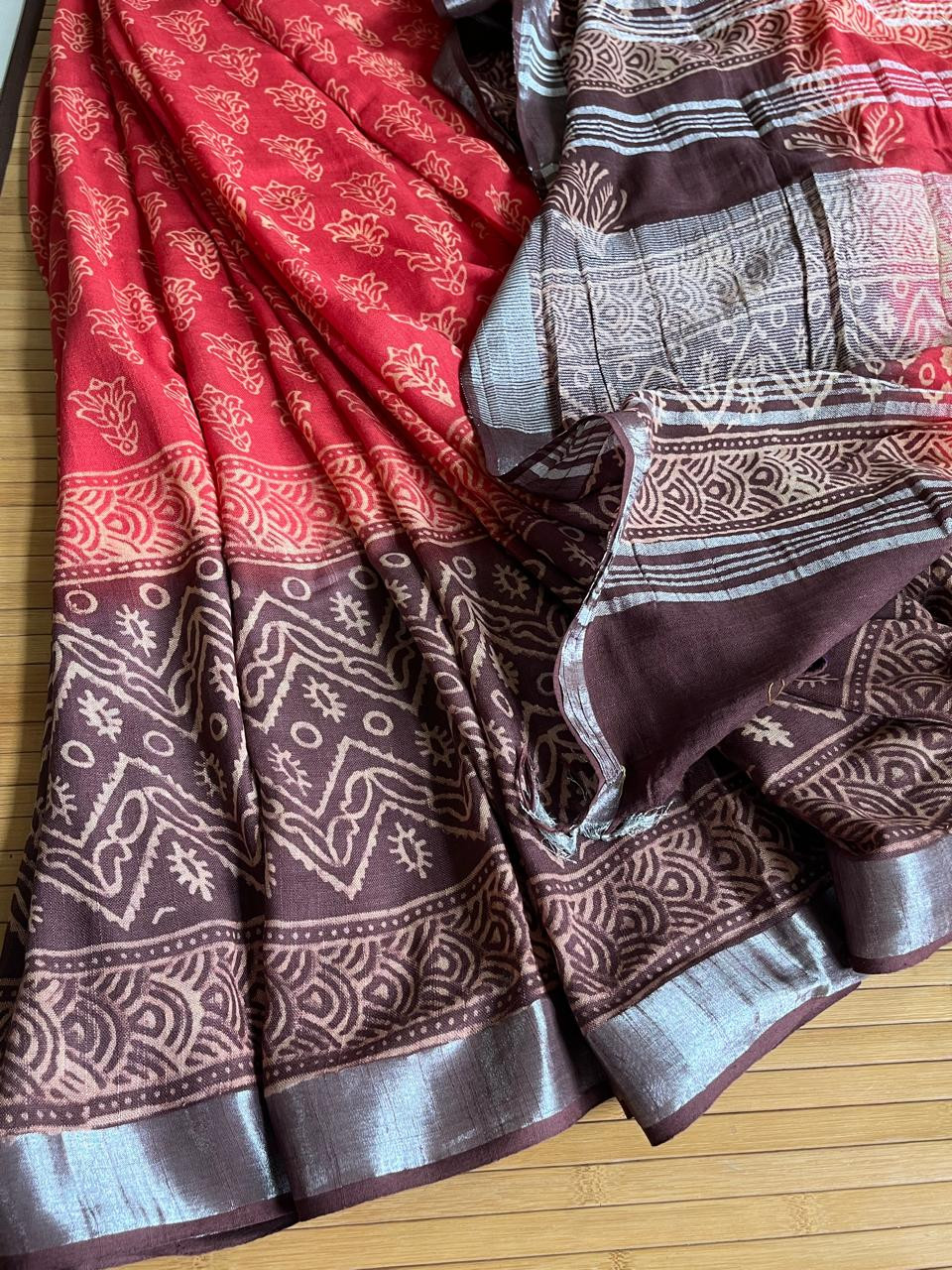 Linen Cotton Handloom Saree - Red With Brown