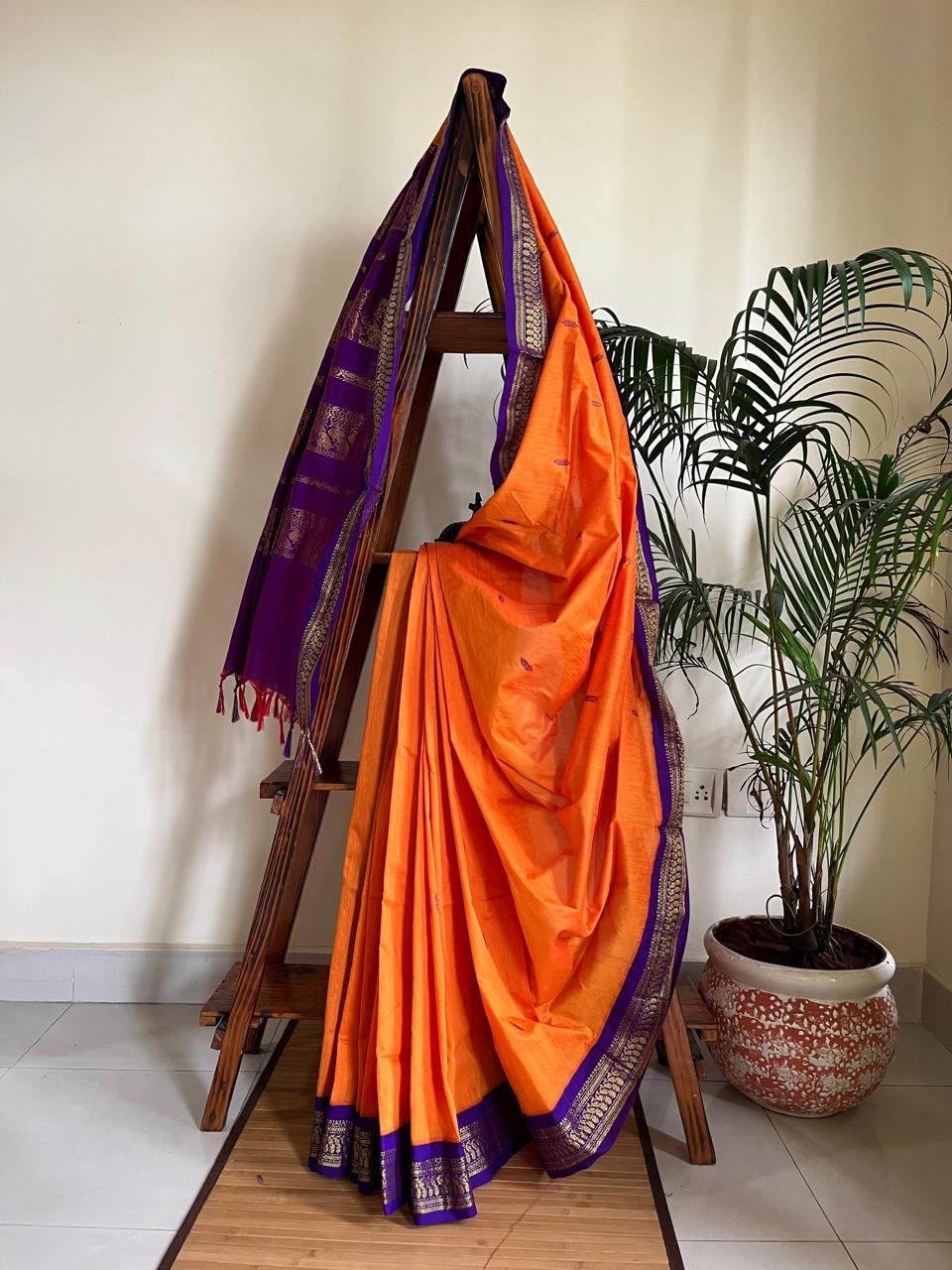 Vibrant Handwoven Cotton Silk Saree - Sunset Orange with Purple