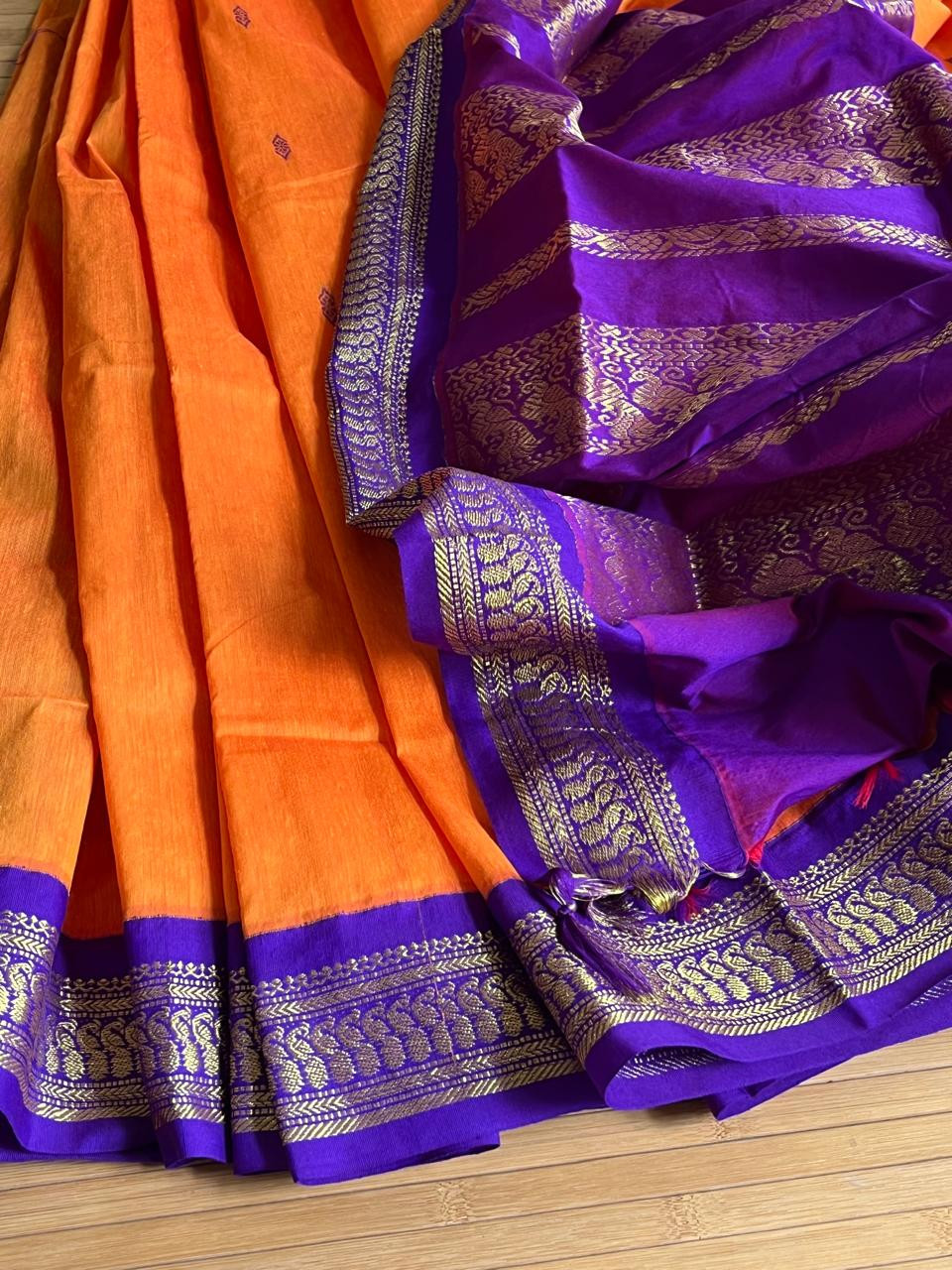 Vibrant Handwoven Cotton Silk Saree - Sunset Orange with Purple