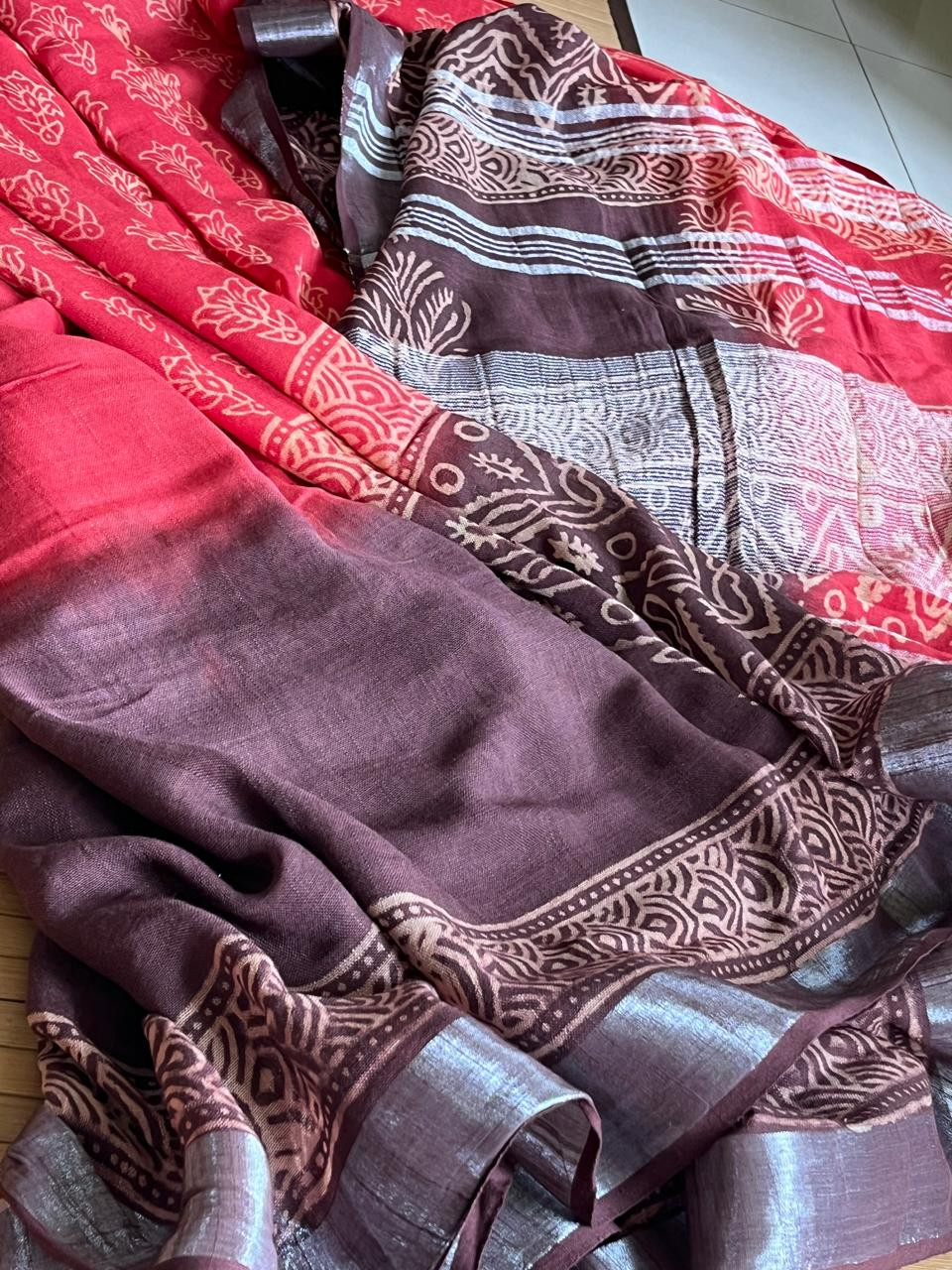 Linen Cotton Handloom Saree - Red With Brown