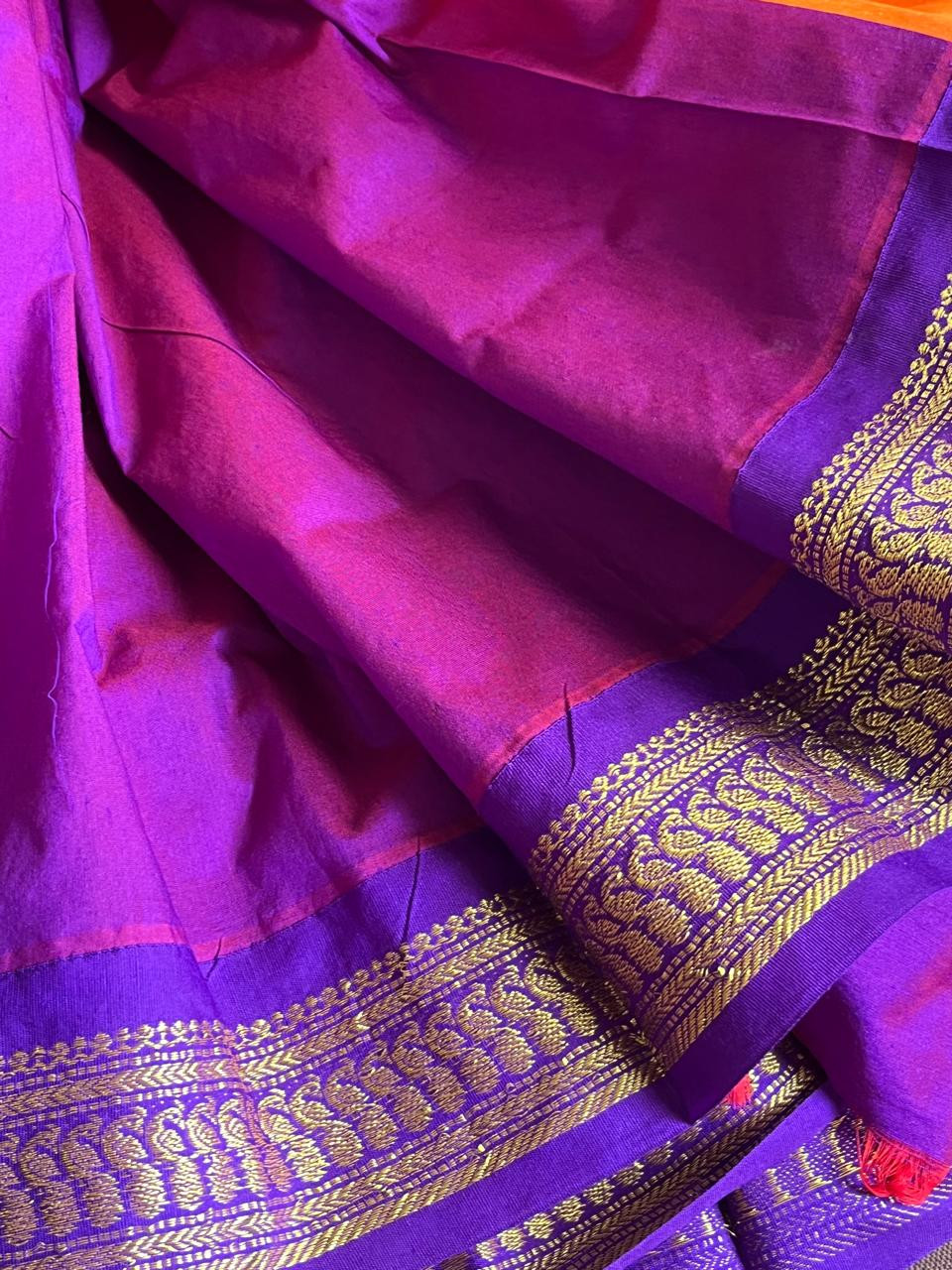 Vibrant Handwoven Cotton Silk Saree - Sunset Orange with Purple