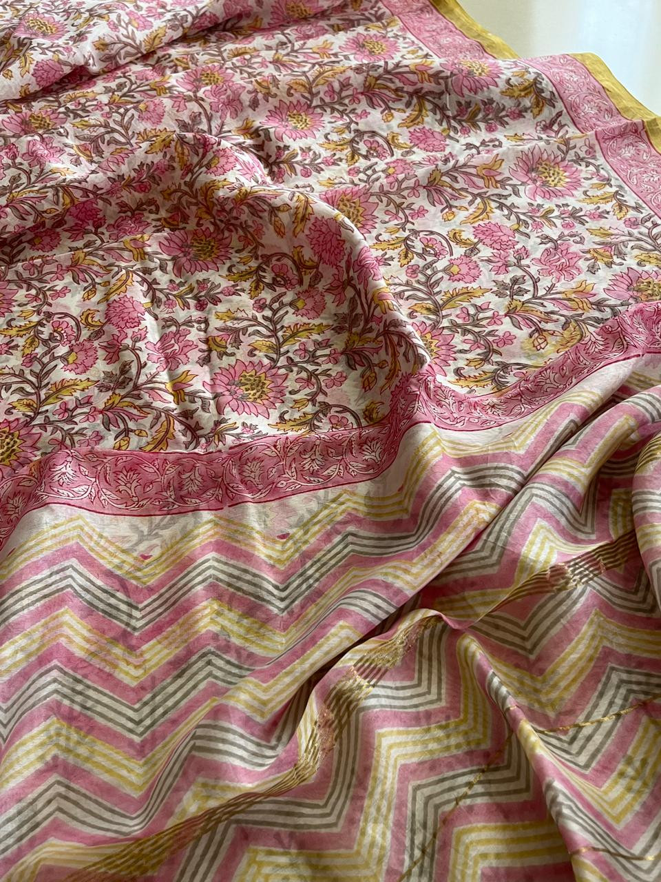Chanderi Cotton Silk Saree with Handblock Print Saree