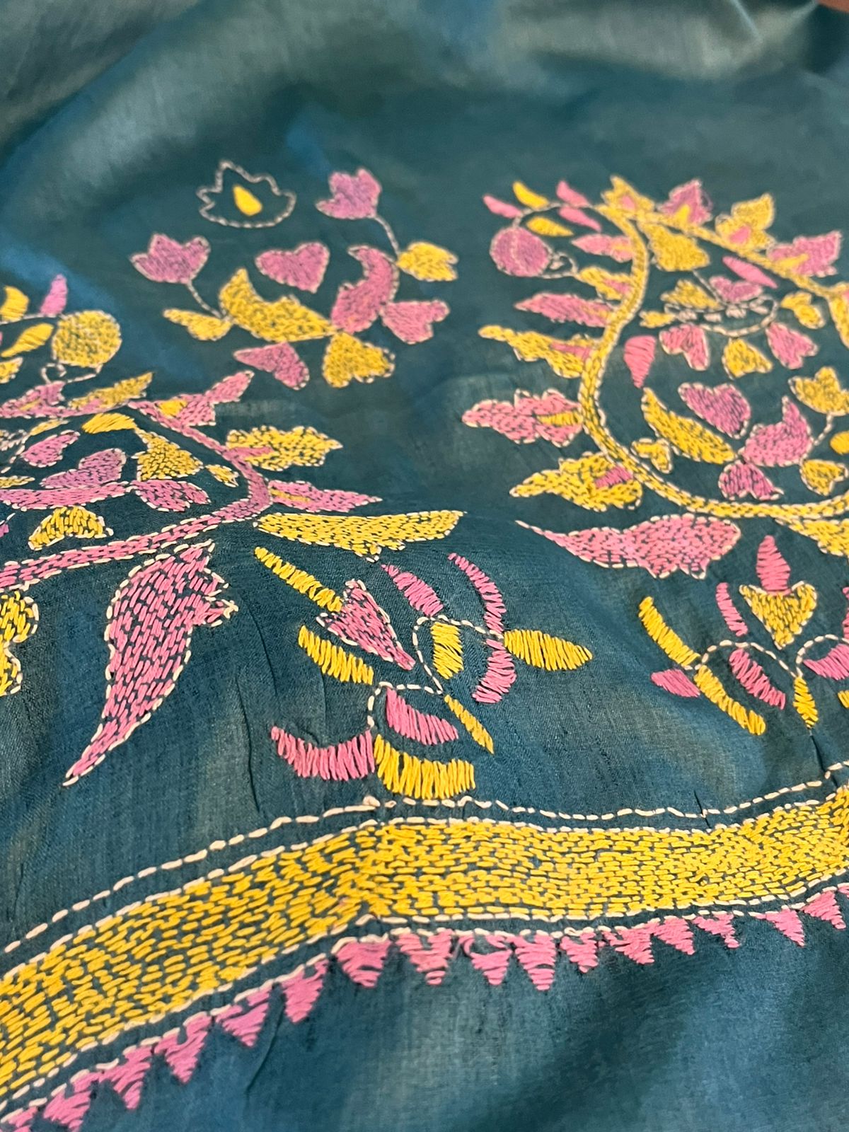 Pure Silk Kantha Hand embroidered Blouse - Unstitched -Teal Grey