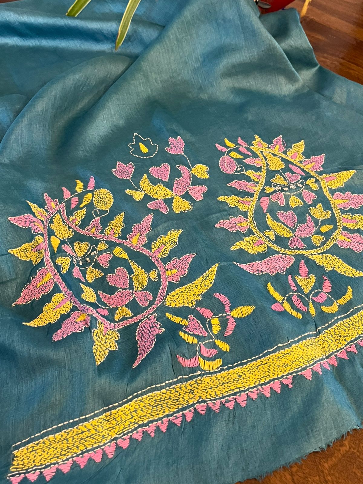 Pure Silk Kantha Hand embroidered Blouse - Unstitched -Teal Grey