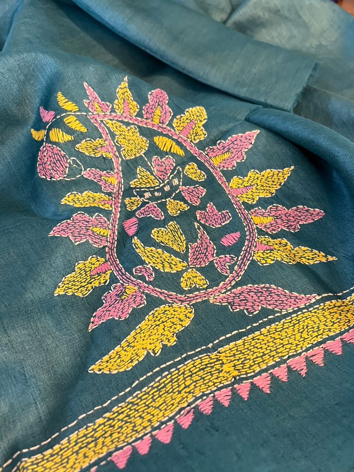 Pure Silk Kantha Hand embroidered Blouse - Unstitched -Teal Grey