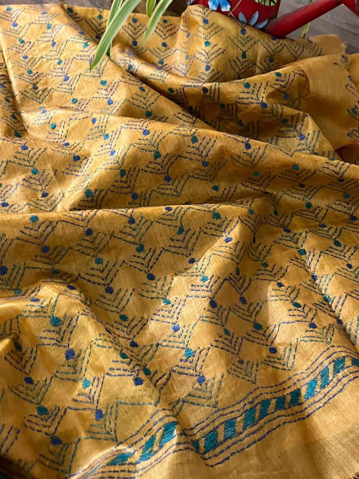 Pure Silk Kantha Hand embroidered Blouse - Unstitched - Muted Yellow
