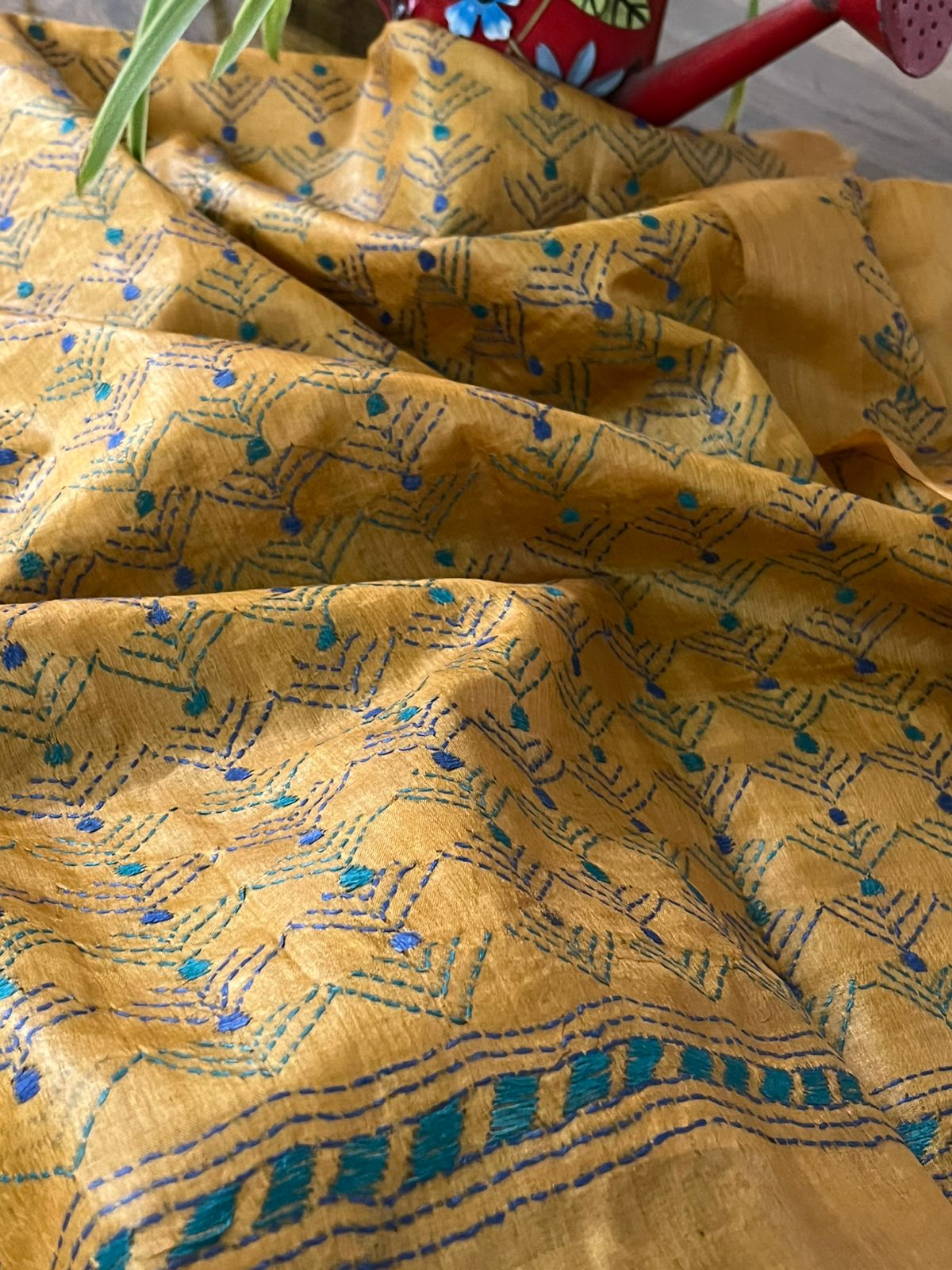 Pure Silk Kantha Hand embroidered Blouse - Unstitched - Muted Yellow
