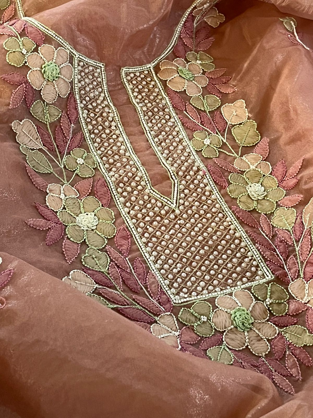 Organza Tissue Chikankari Kurta - Copper