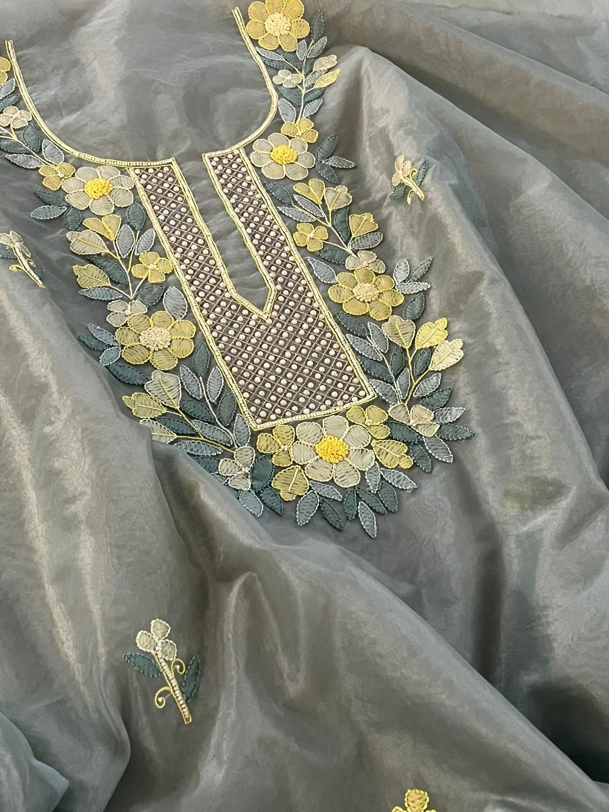 Organza Tissue Chikankari Kurta - Grey