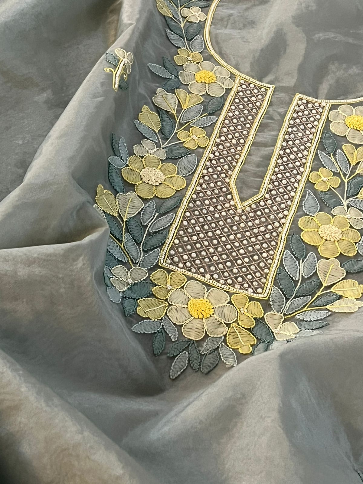 Organza Tissue Chikankari Kurta - Grey