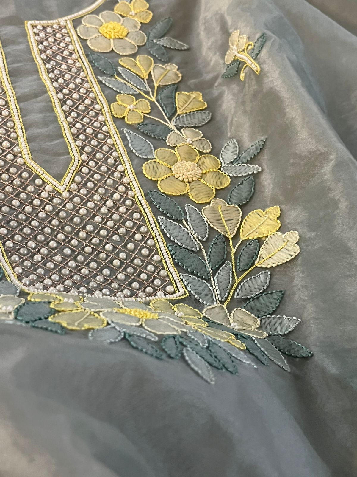 Organza Tissue Chikankari Kurta - Grey