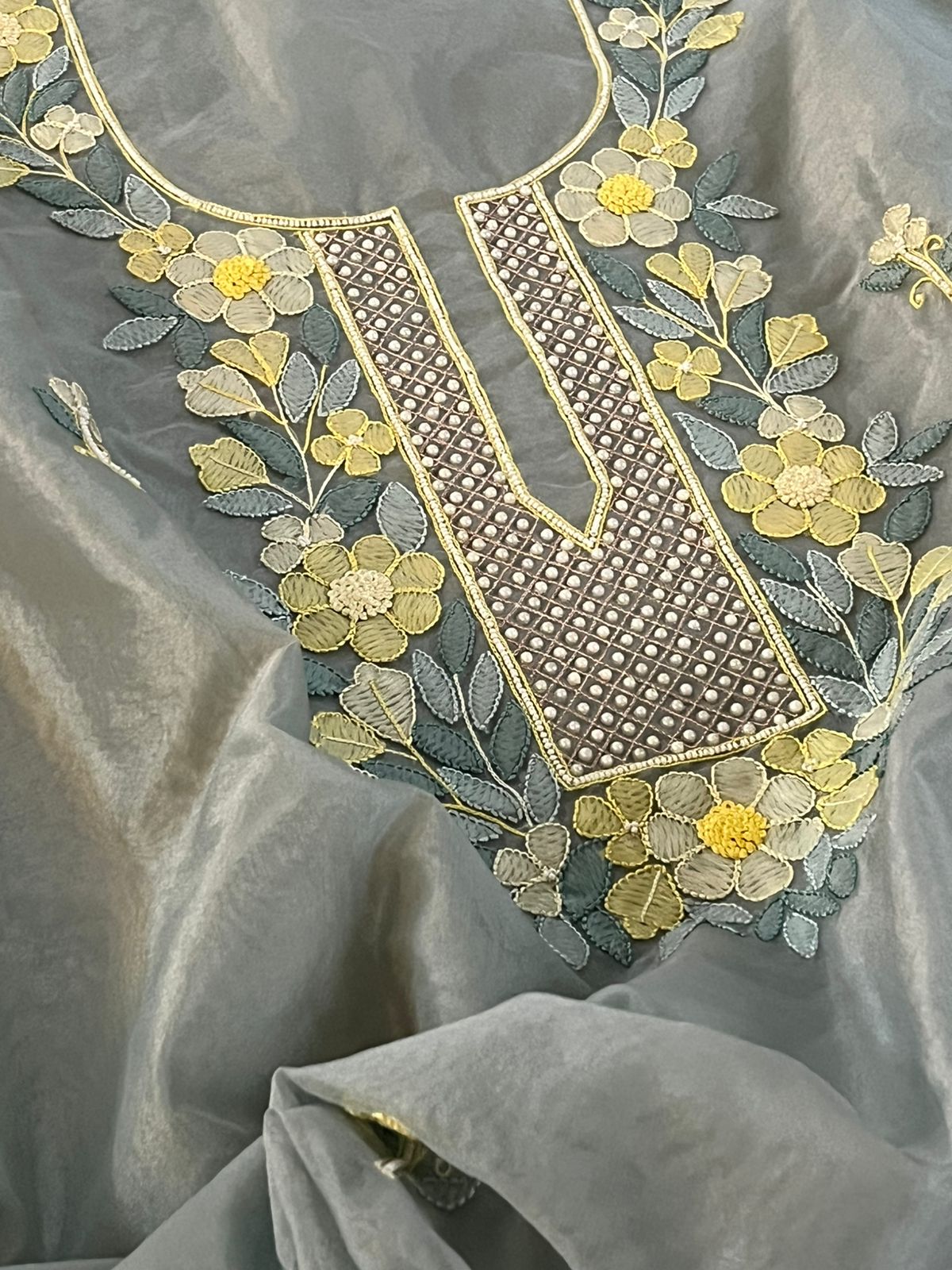 Organza Tissue Chikankari Kurta - Grey