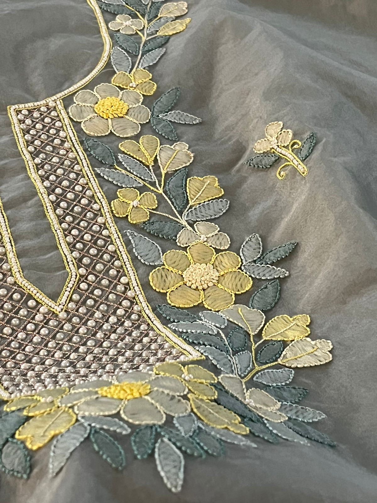 Organza Tissue Chikankari Kurta - Grey